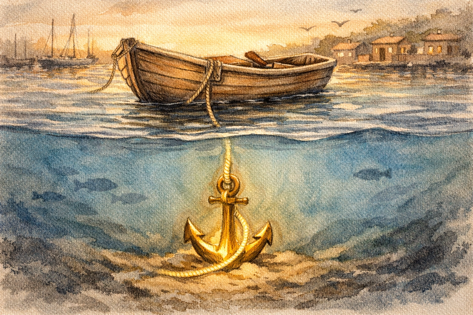 Watercolor illustration of a boat anchored in a calm harbor, representing God's peace for parents.