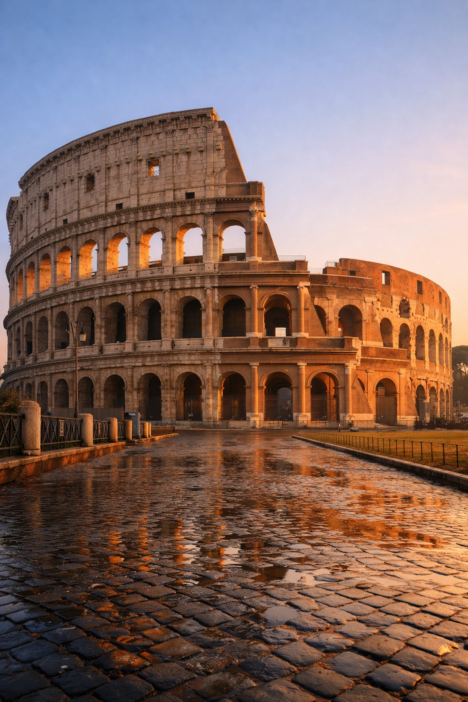 The Colosseum in Rome at sunrise, a historic landmark and top instagrammable place for travelers.
