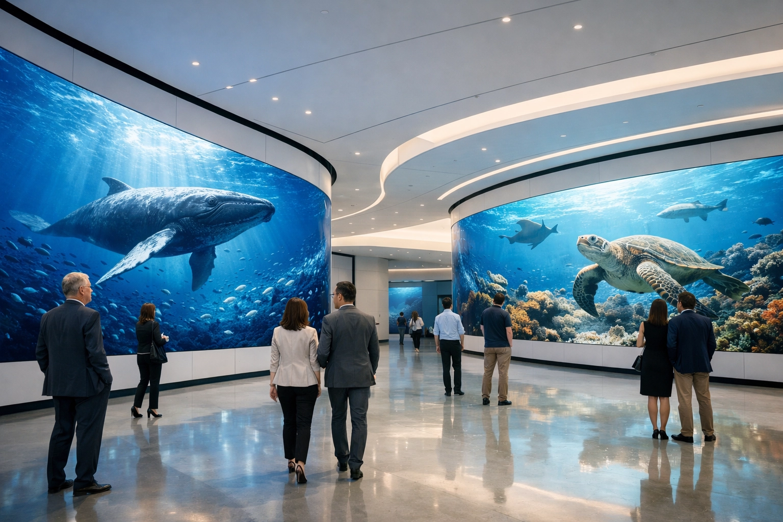 High-tech digital signage in a modern museum hall showcasing Dakdan's cross-industry media impact framework for brands.