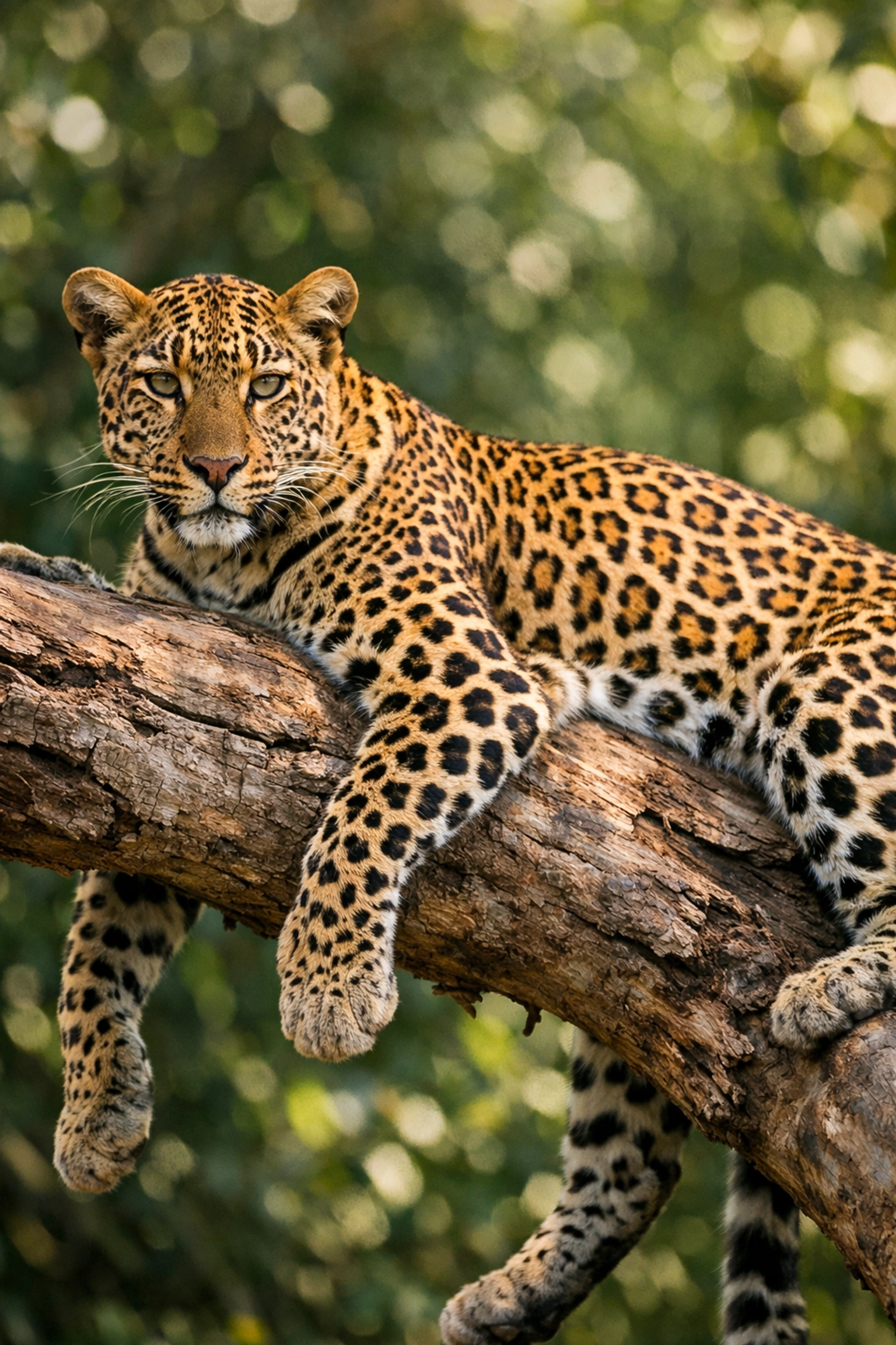 High-quality professional wildlife stock photography of an African leopard resting on a jungle tree limb.