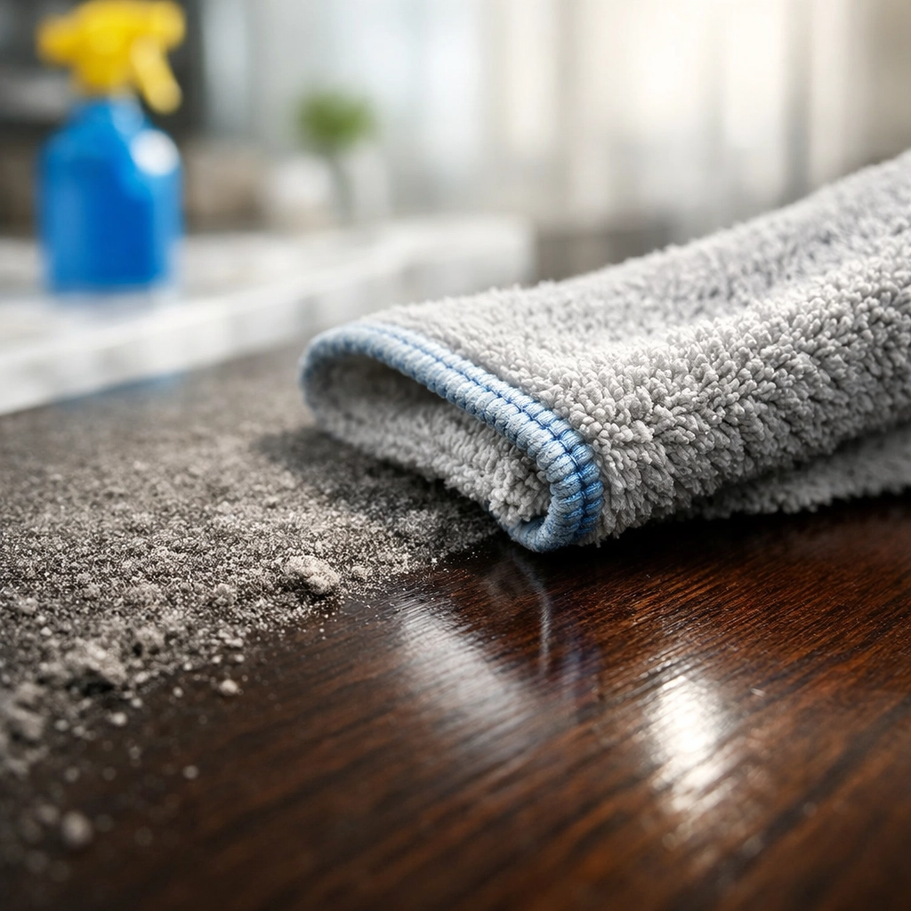 Professional cleaning cloth wiping dust from a surface in a small 2-bedroom apartment.