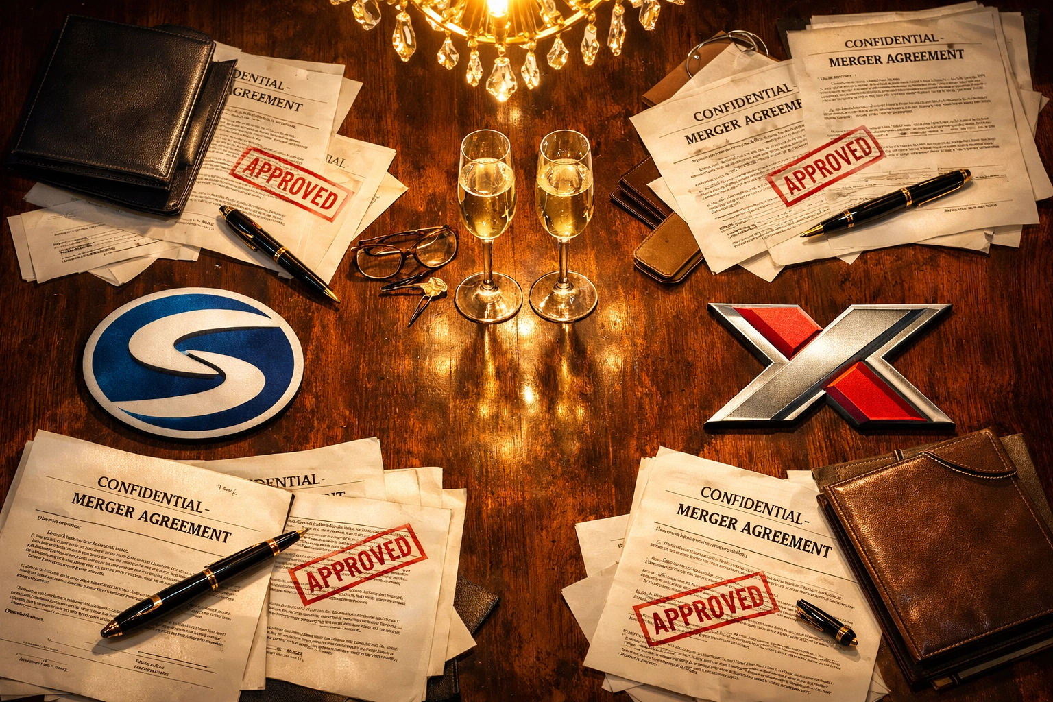 Merger arbitrage deal documents on boardroom table representing institutional M&A investing