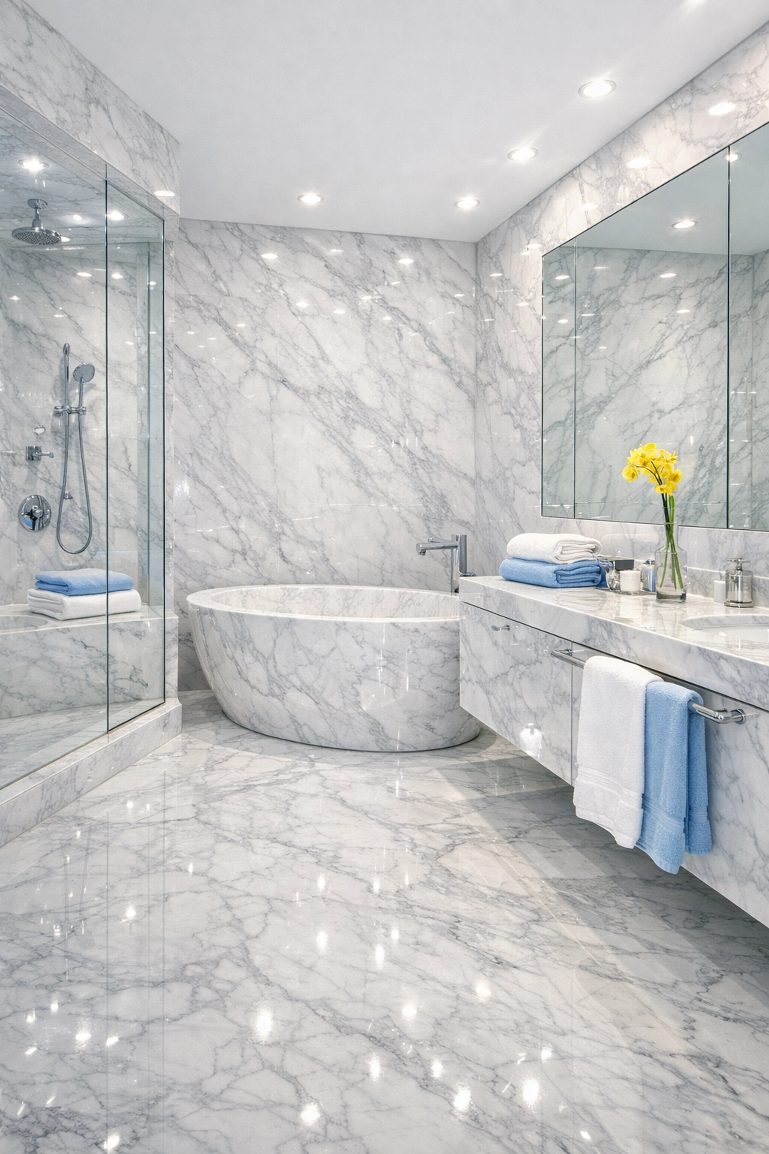 Professionally polished white marble master bathroom illustrating high-end maintenance and care.