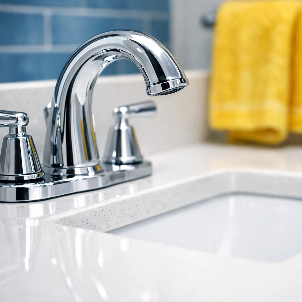 Detail-oriented move-out cleaning in Boston featuring a sparkling clean bathroom vanity and chrome faucet.