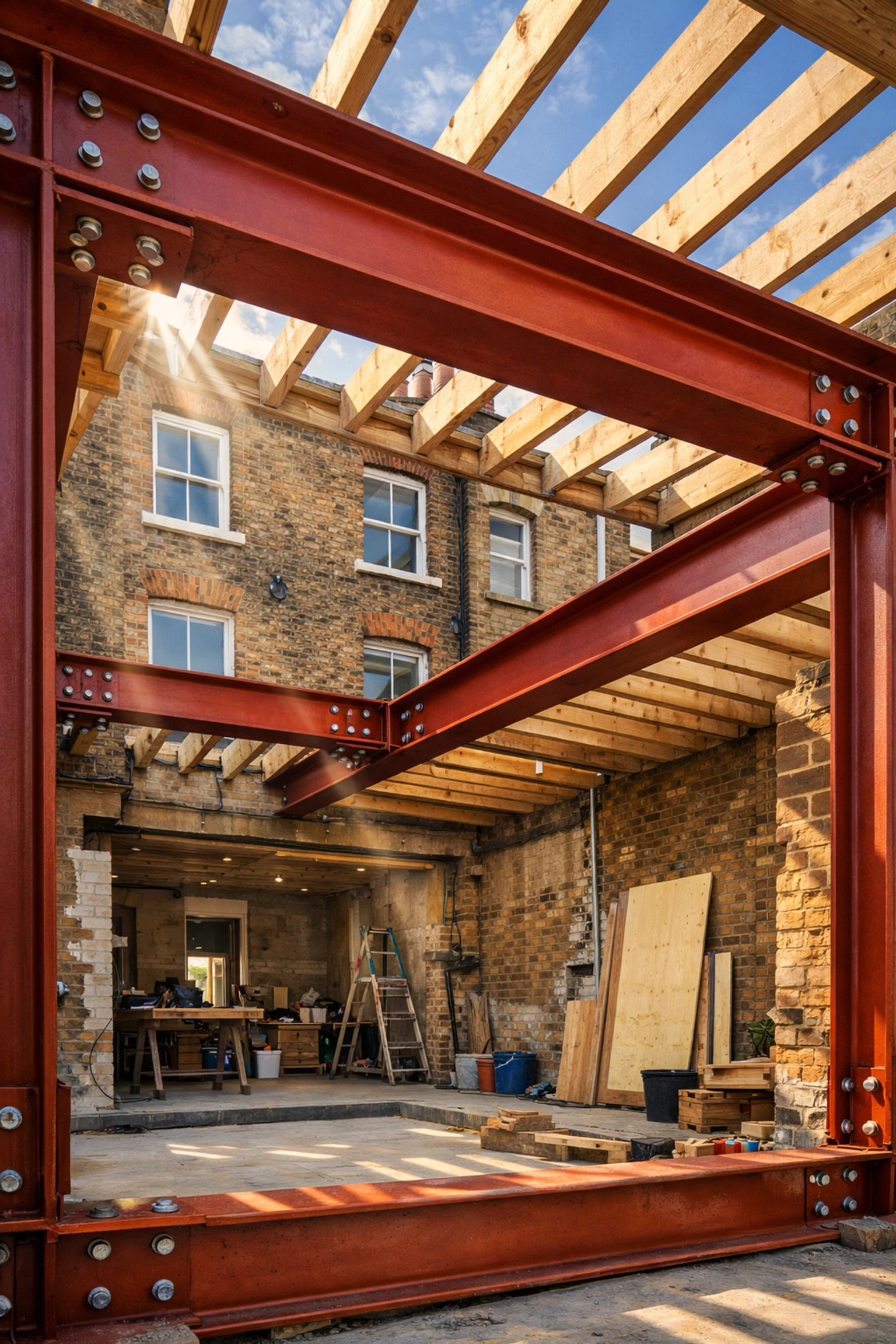 Structural steel beams installed for a rock-solid open-plan kitchen extension in a North London home.