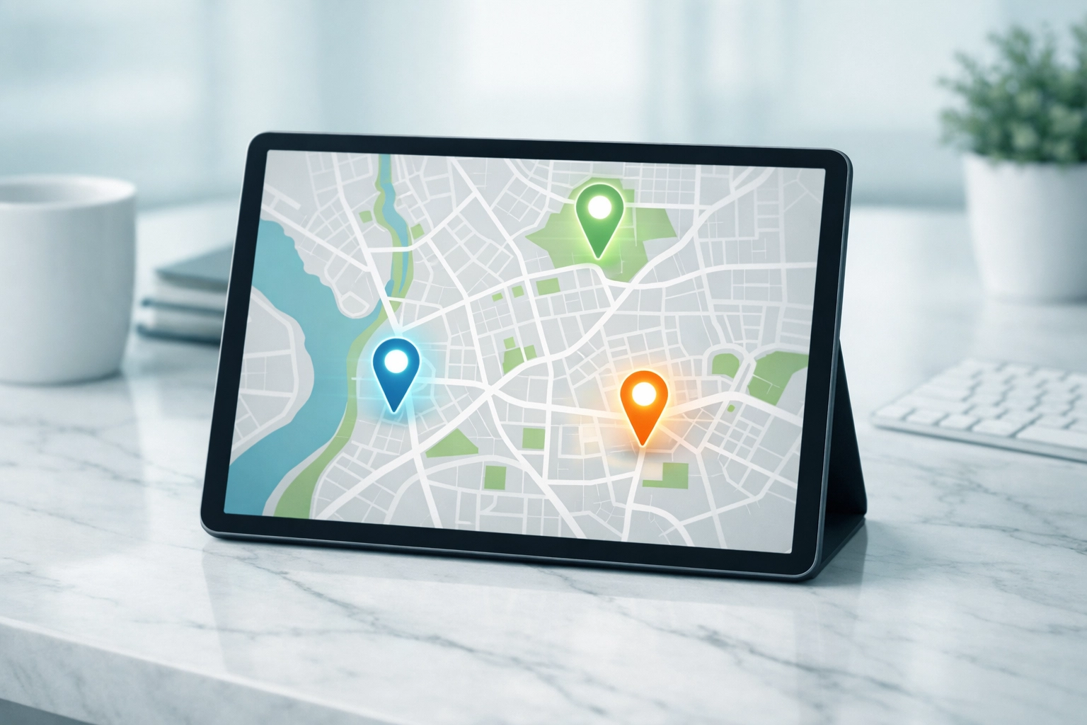 Tablet displaying local search map markers for top-ranked chiropractic clinics.
