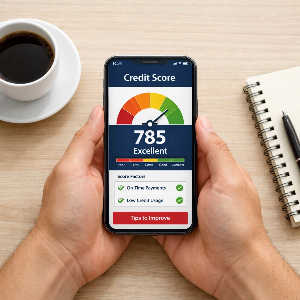 Checking credit score progress on smartphone app in Texas