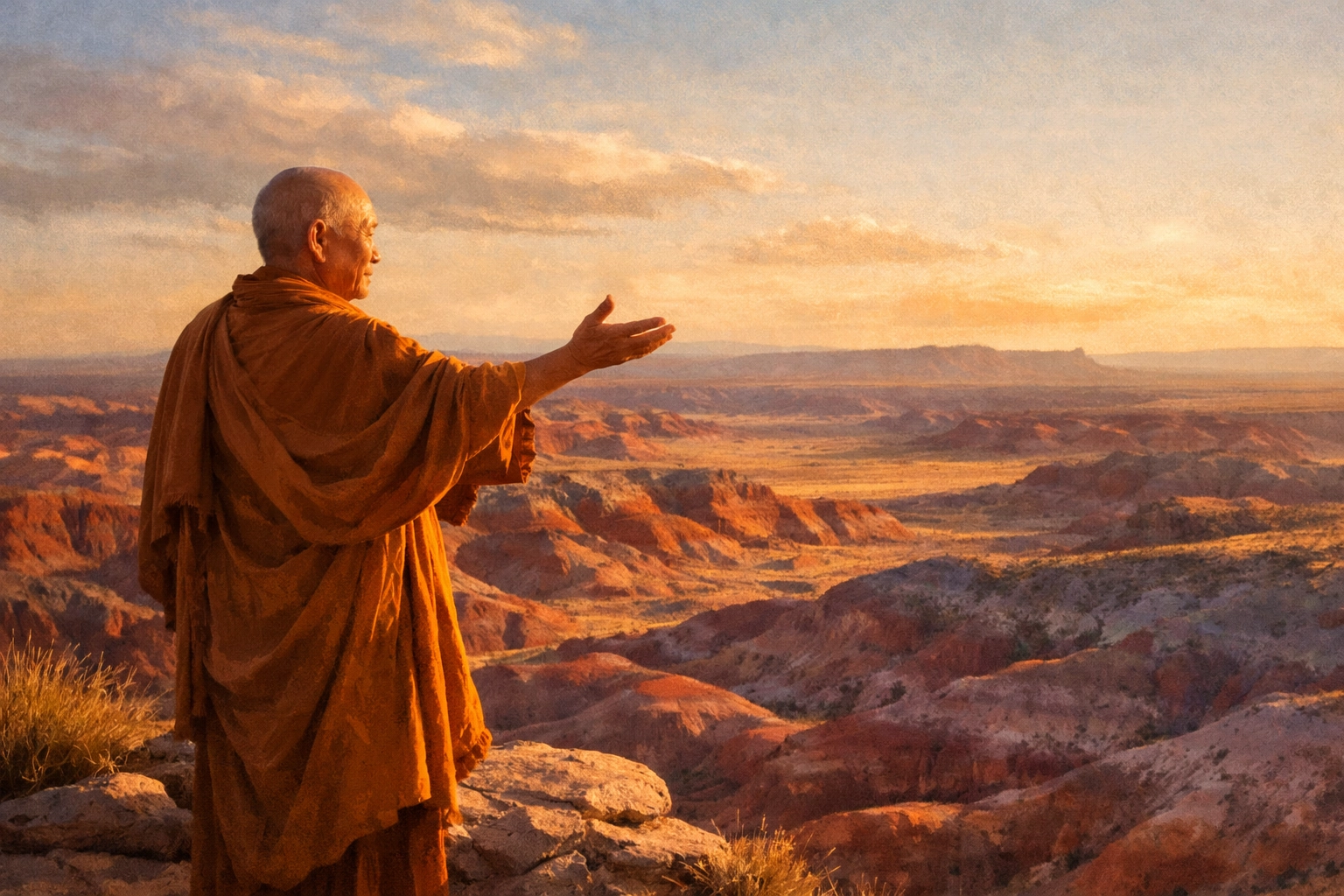 Monk guide gesturing toward Painted Desert overlook during spiritual pilgrimage instruction