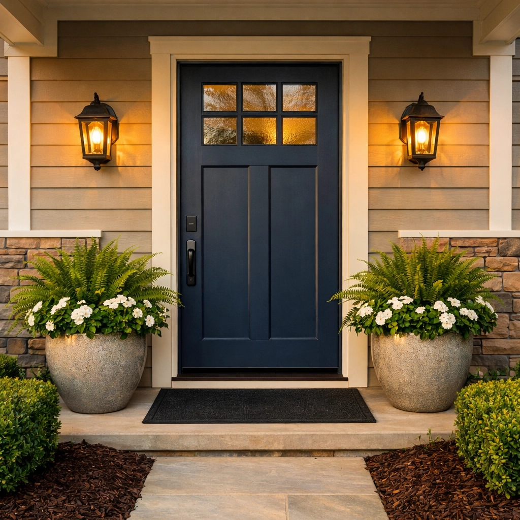 Raleigh home exterior with a navy blue front door and fresh landscaping for maximum curb appeal. Raleigh home exterior with a navy blue front door and fresh landscaping for maximum curb appeal.