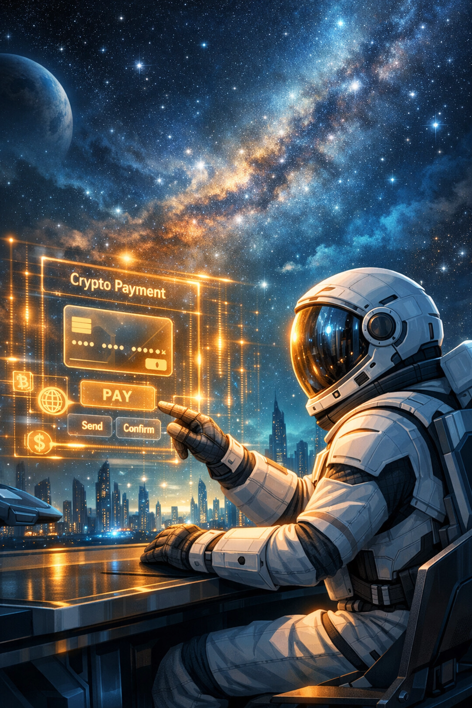 Futuristic merchant using a holographic interface for Web3 global payments and crypto POS transactions.