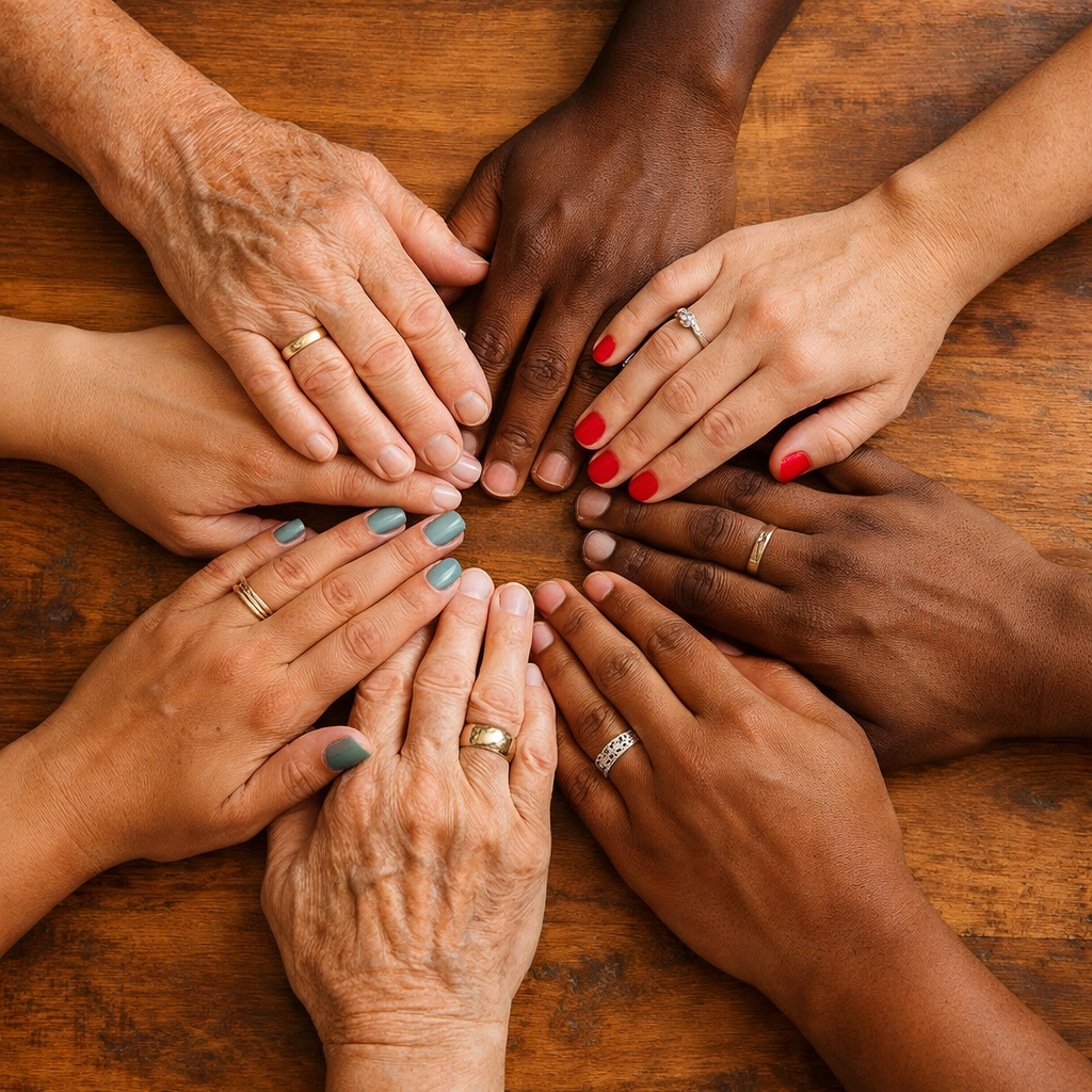 Diverse hands joined together representing inclusive church community and unity