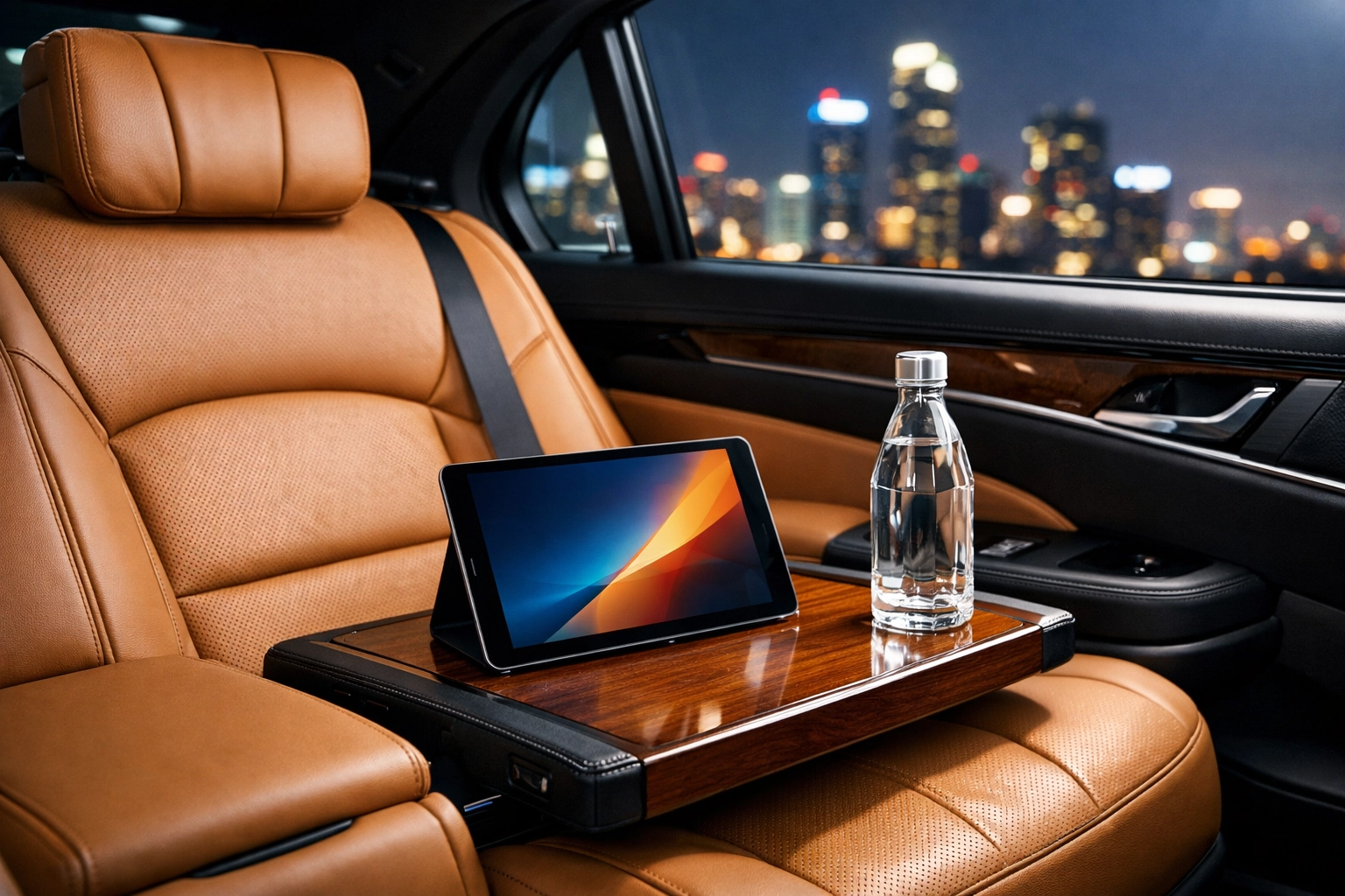 Interior of a luxury executive sedan with leather seats and a workspace for corporate travelers.