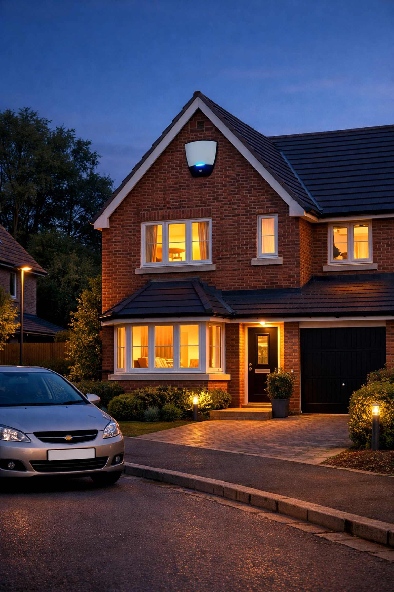 Professional intruder alarm bell box installed on a modern red brick house in Kidderminster.
