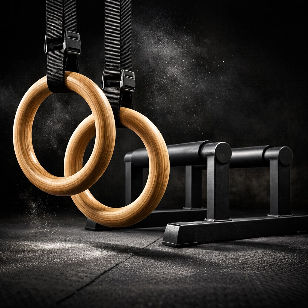 High-quality wooden gymnastic rings and push-up bars for a crossfit home gym setup.