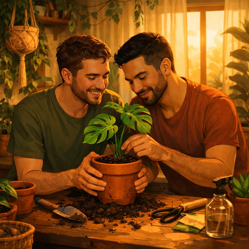 A gay couple repotting indoor plants together, reflecting cozy domestic themes found in MM romance books.