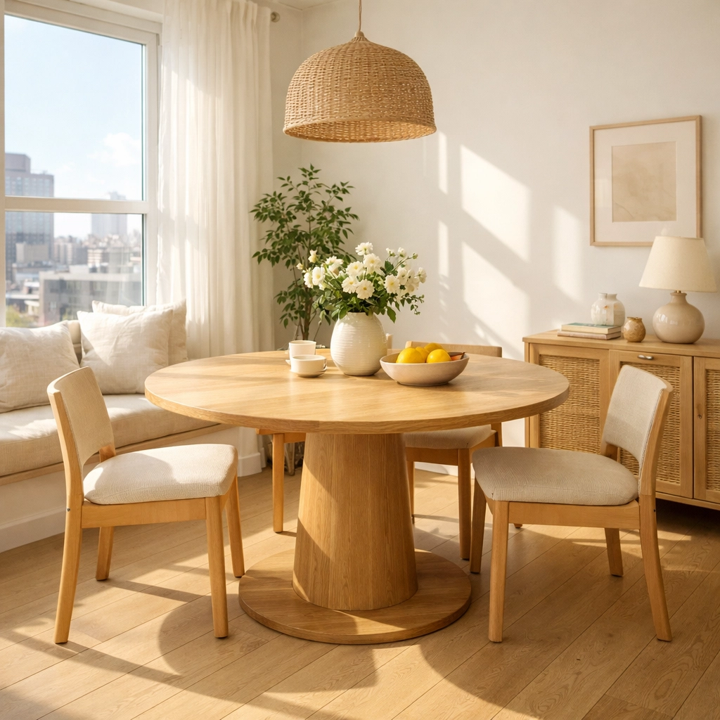 Minimalist round wooden dining table in a sun-drenched apartment dining nook.