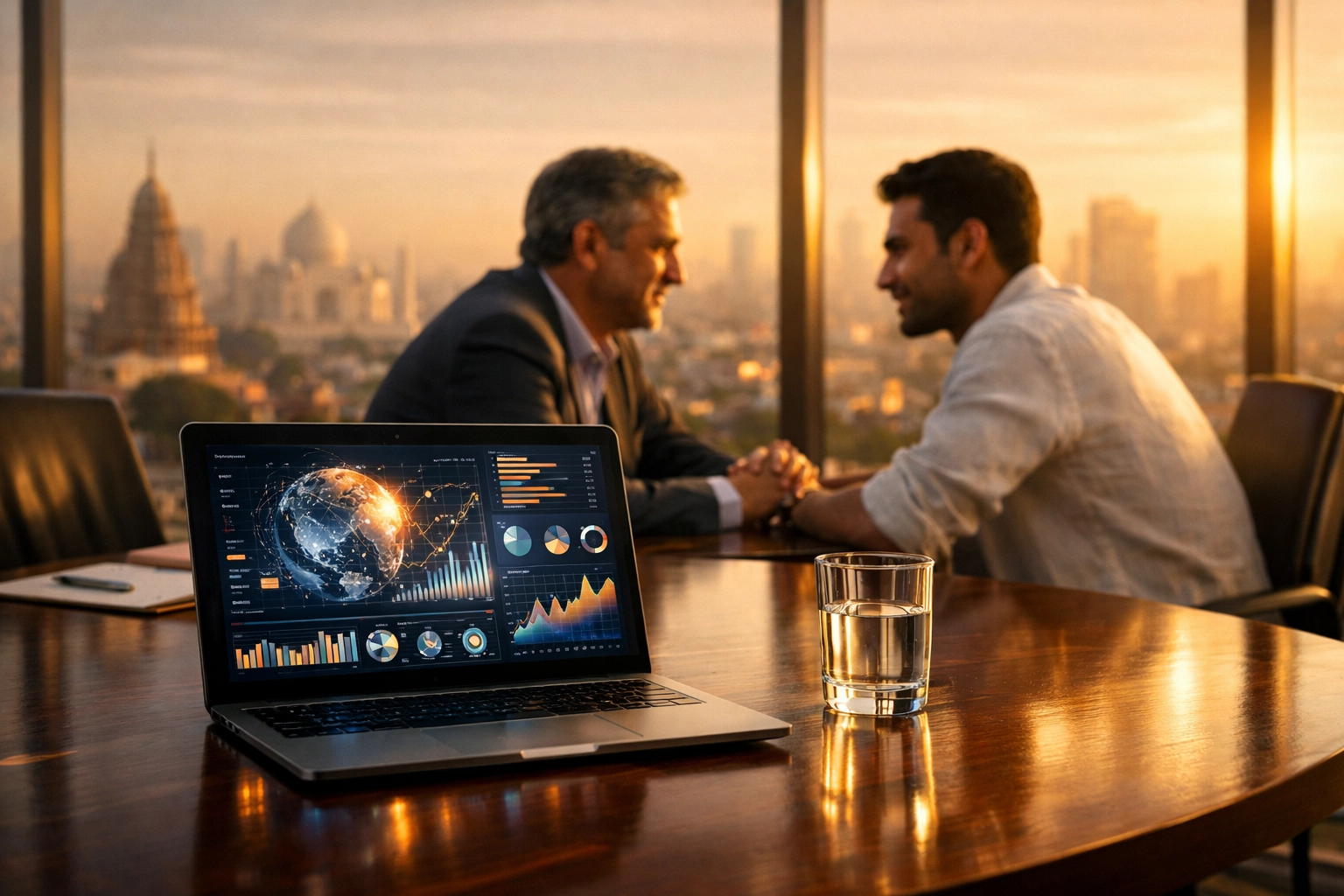 Indian startup founder and investor discussing business data in a sunlit boardroom to build trust.