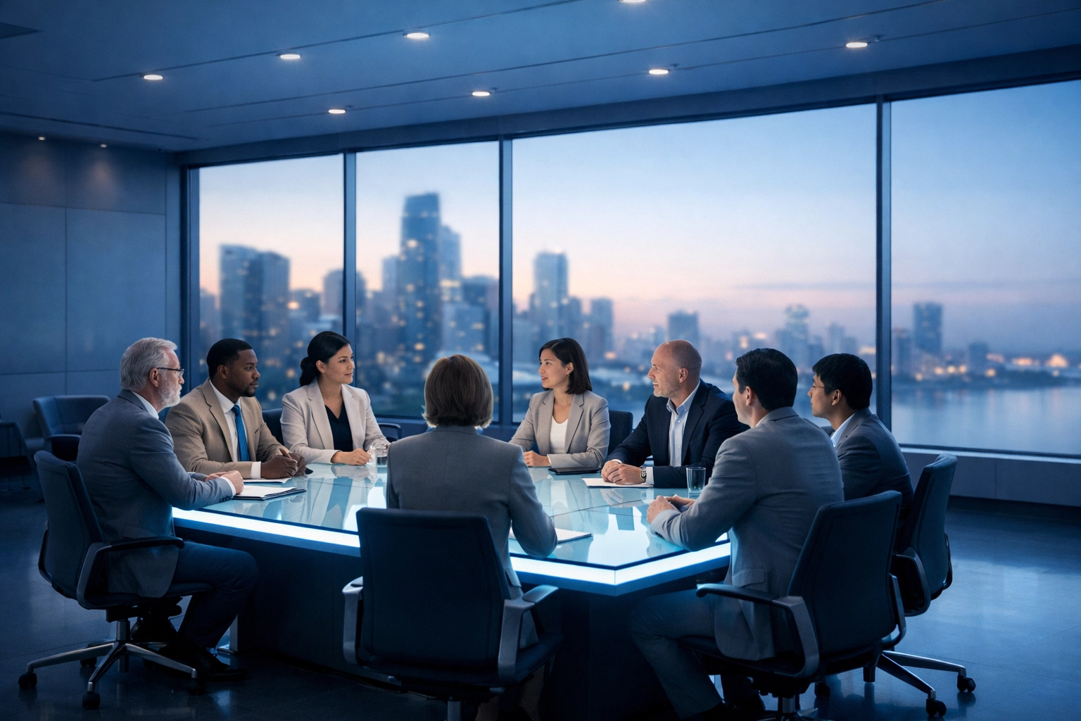 University staff collaborating on an emergency preparedness cycle in a modern campus briefing room.