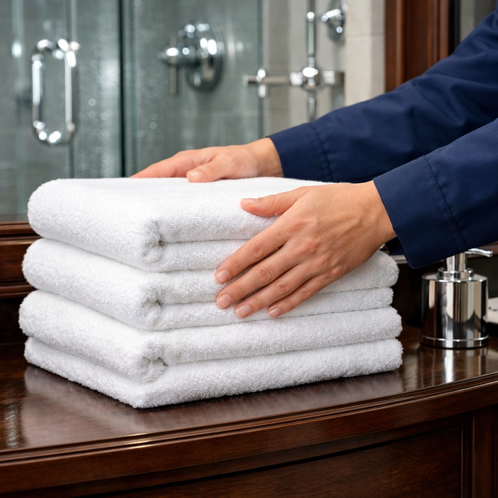 Professional cleaner finishing a bathroom vanity during a detailed house cleaning in Milford.