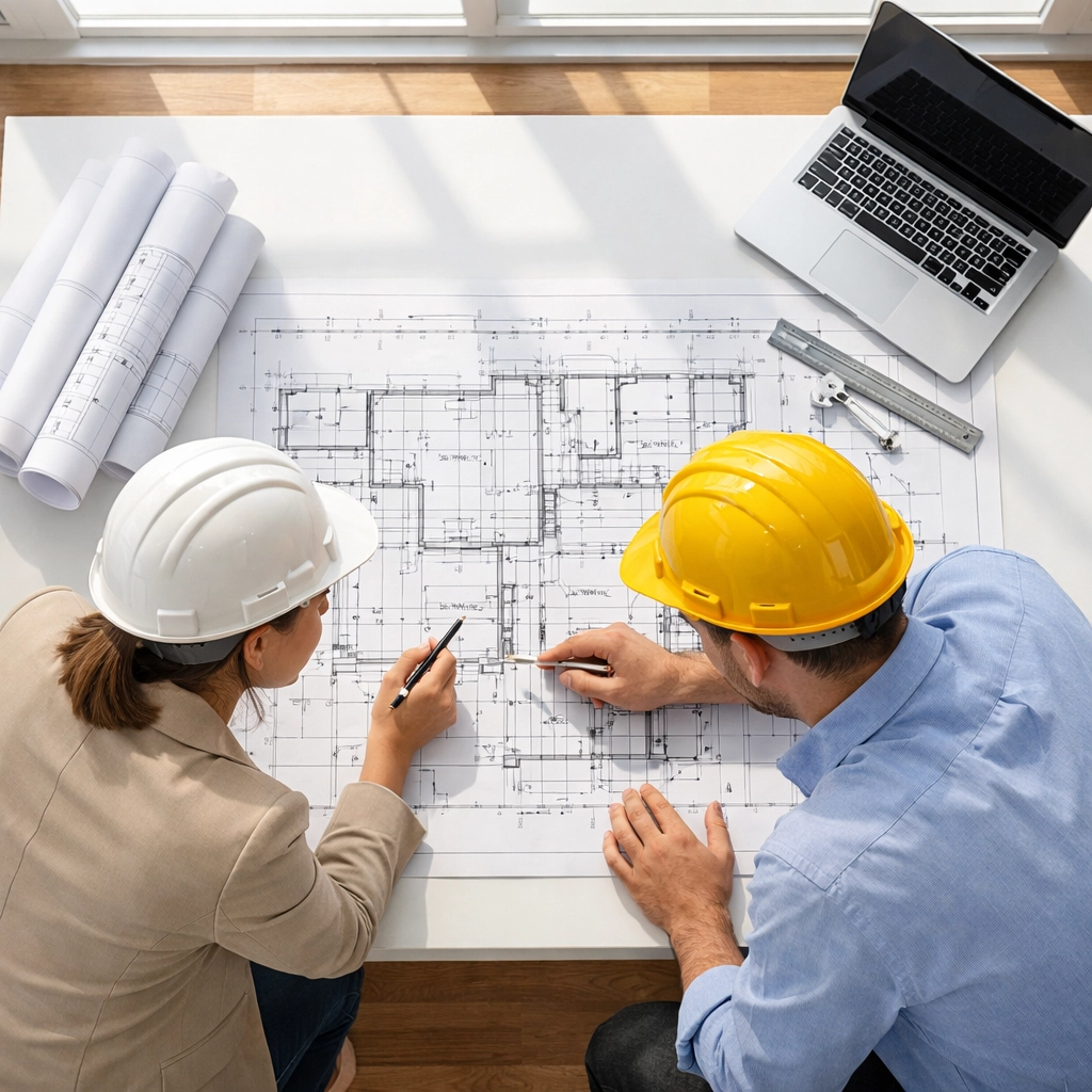 Architect and structural engineer collaborating over blueprints at desk