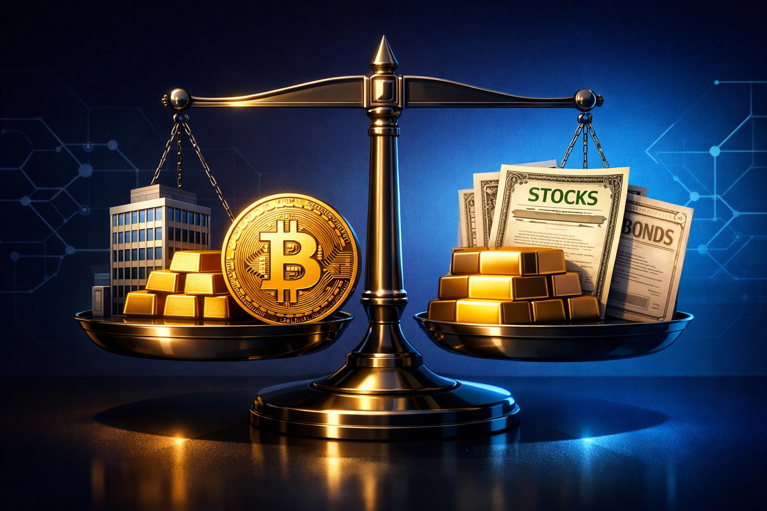 Bitcoin balanced with traditional assets including real estate, gold, and bonds on equilibrium scale