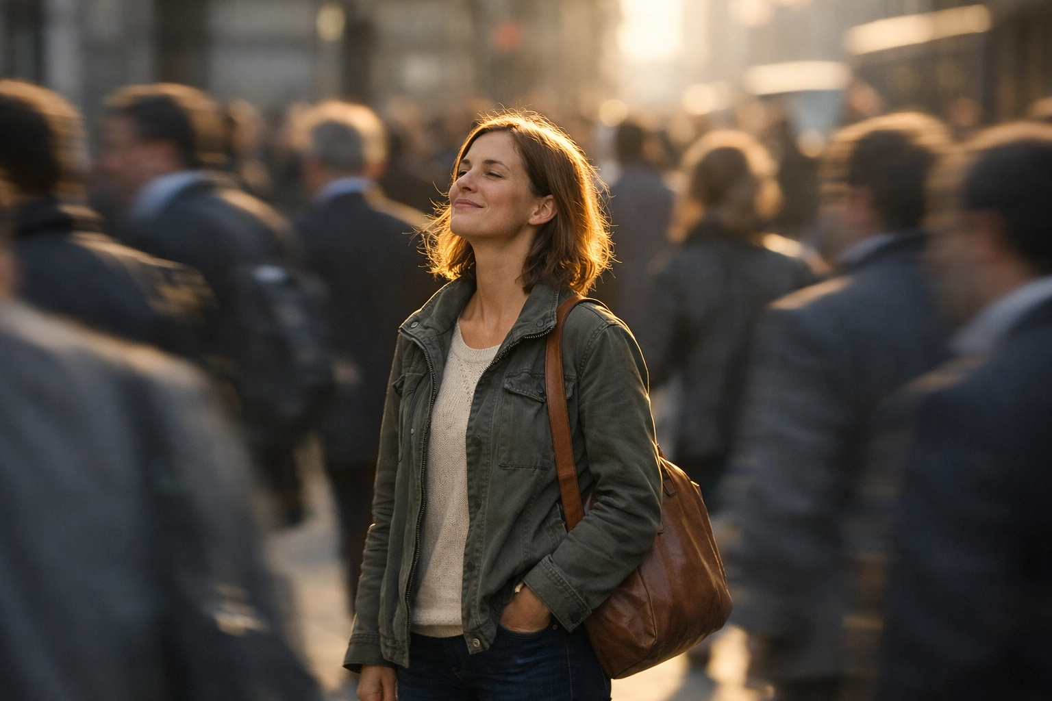 A peaceful person standing still in a blurred city crowd, reflecting Christian authenticity and spiritual focus.