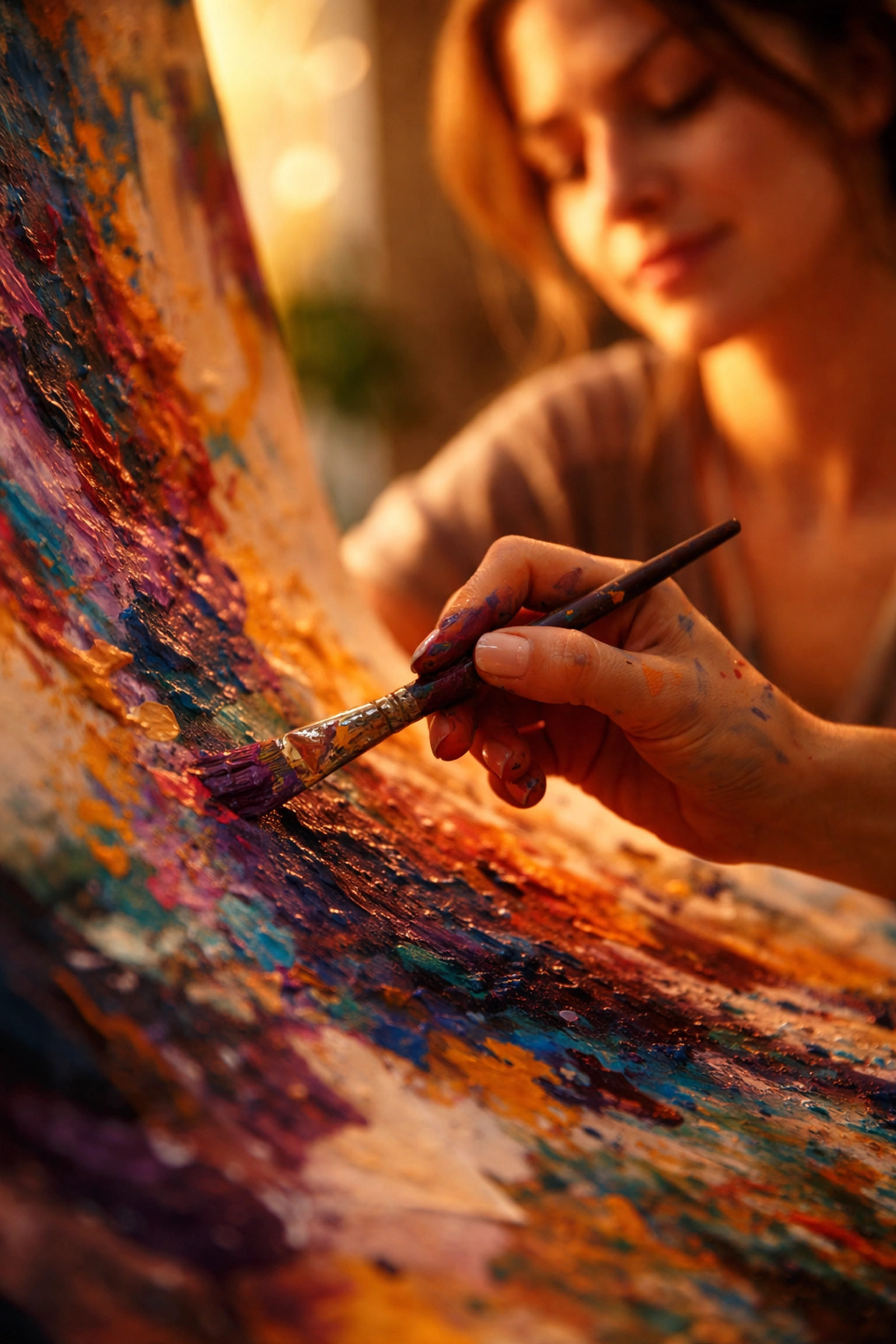 Close-up of hands painting on canvas during team art session, capturing relaxation and creative engagement