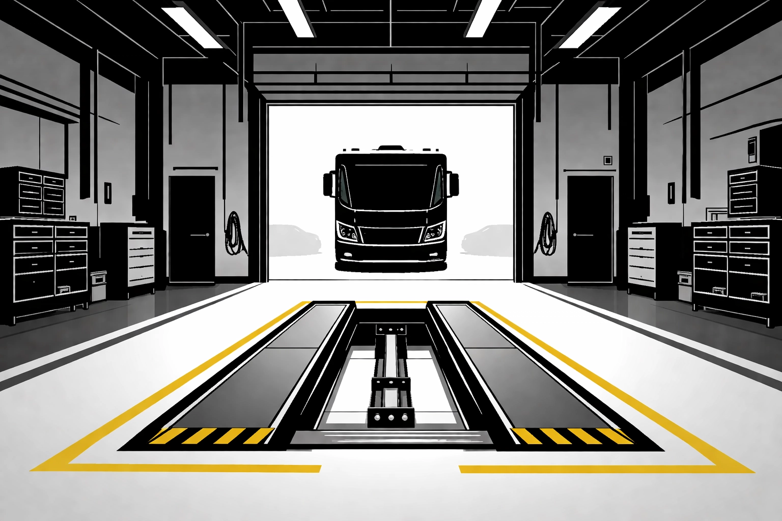 Empty RV service bay with a vacant hydraulic lift, highlighting lost dealership revenue and technician shortage