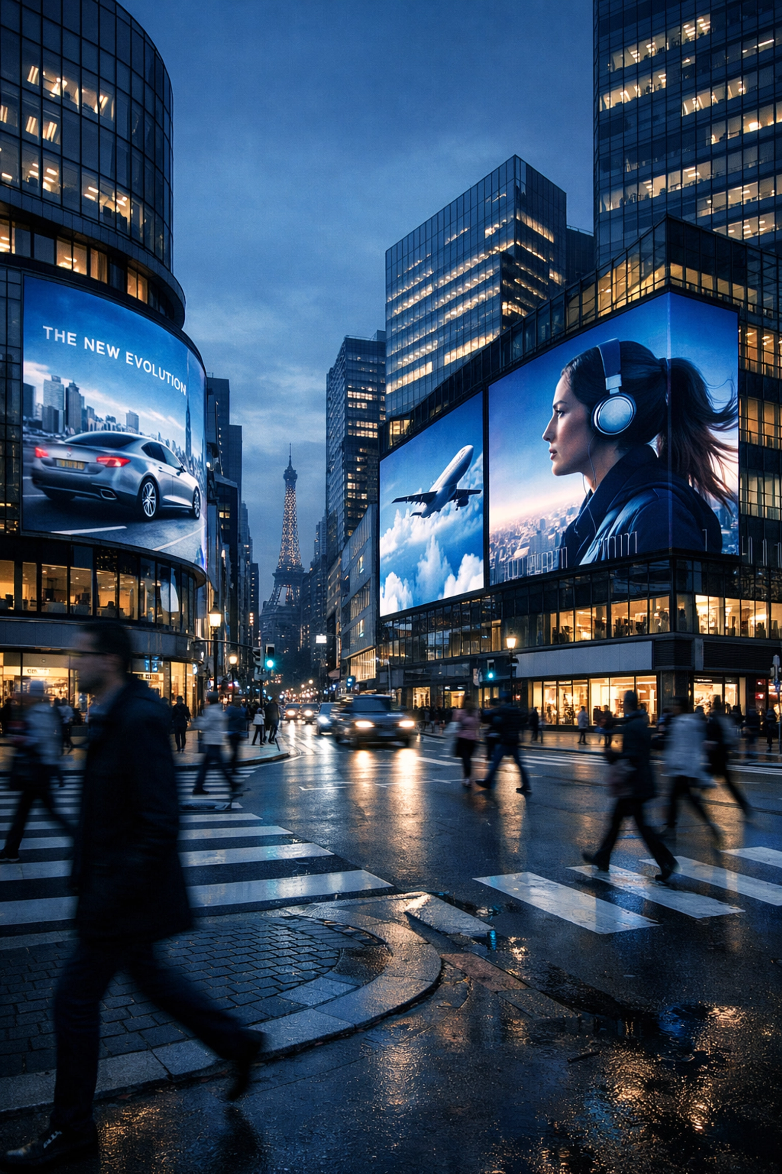 Digital billboard screens in a modern urban intersection illustrating global DOOH campaign reach in major cities.