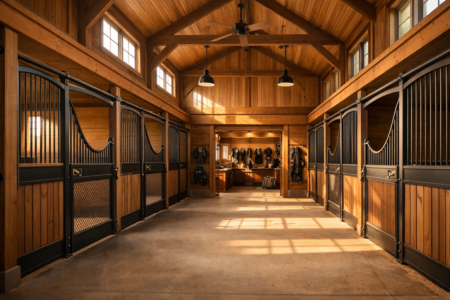Professional horse barn interior with spacious stalls and organized tack room in Waxhaw