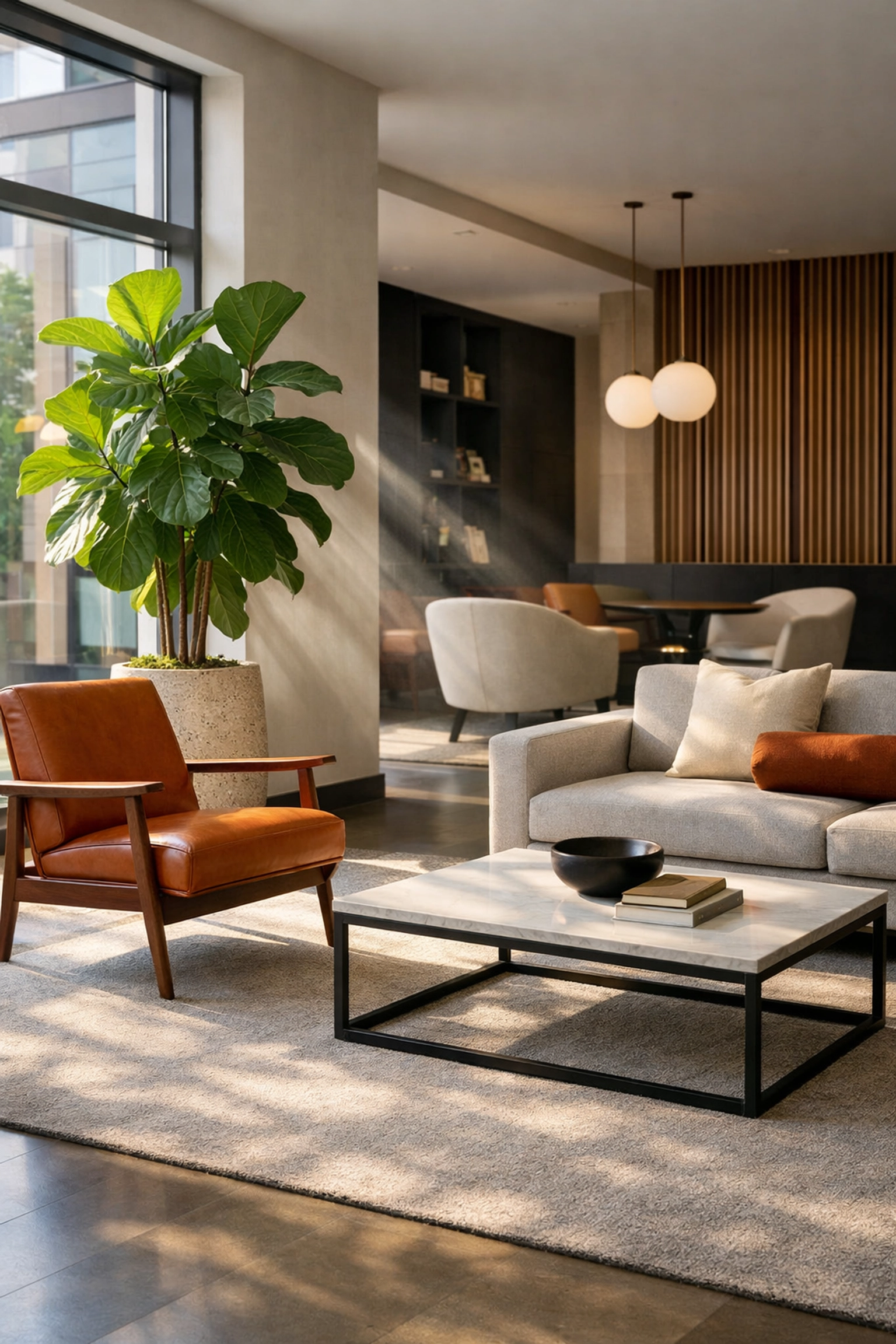 Sunlit and dust-free multifamily building lobby with clean carpets and modern furniture.