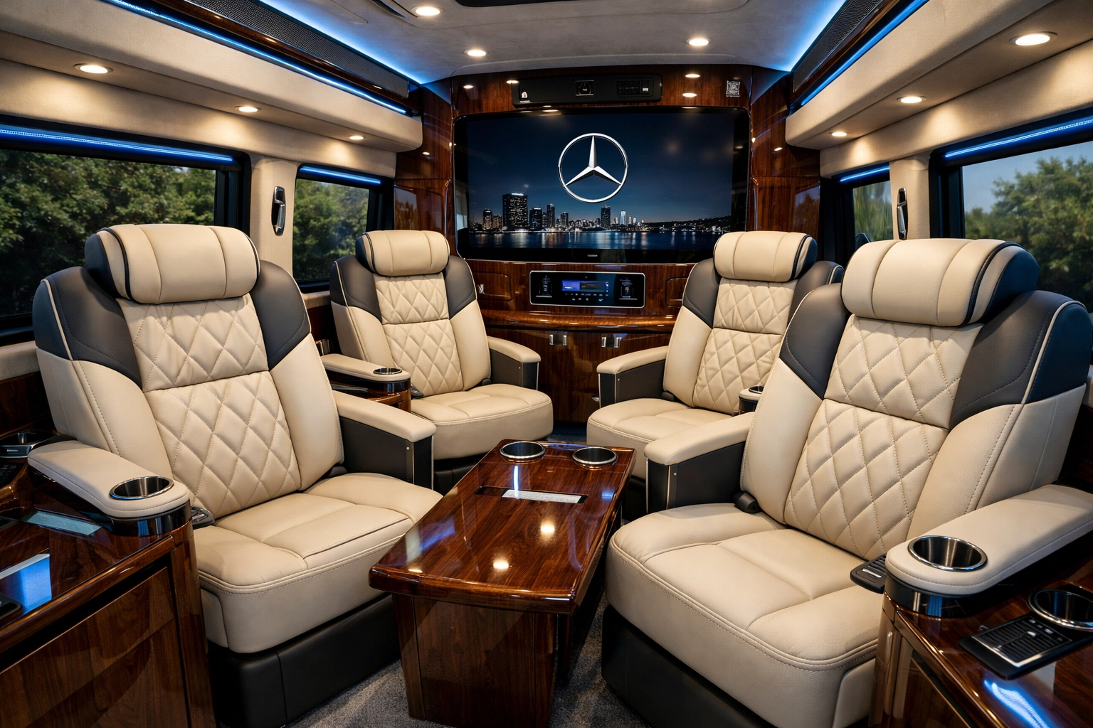 Premium leather interior of executive Sprinter van for VIP Super Bowl transportation