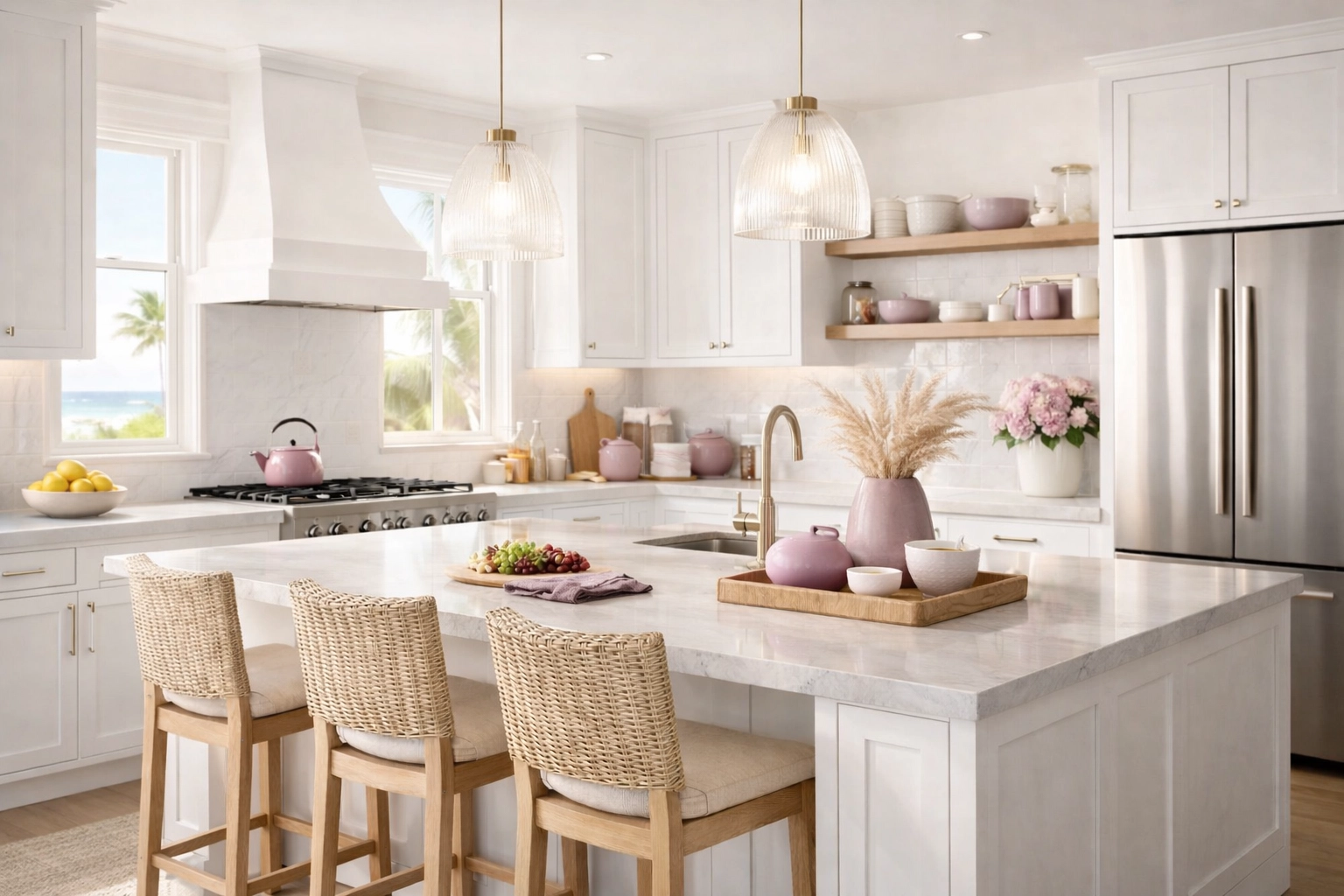 Bright modern kitchen interior with natural light—clean, coastal, and modern.