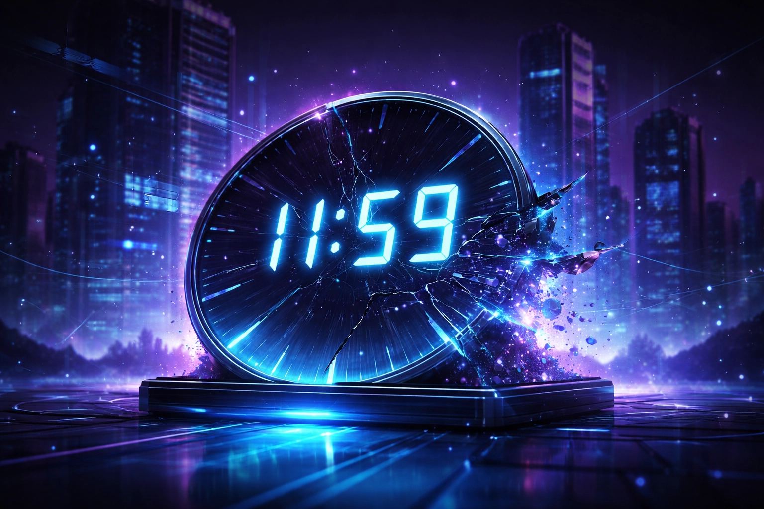 A futuristic clock with fractured face and server cityscape, symbolizing the hidden costs of cloud downtime and uptime limitations.