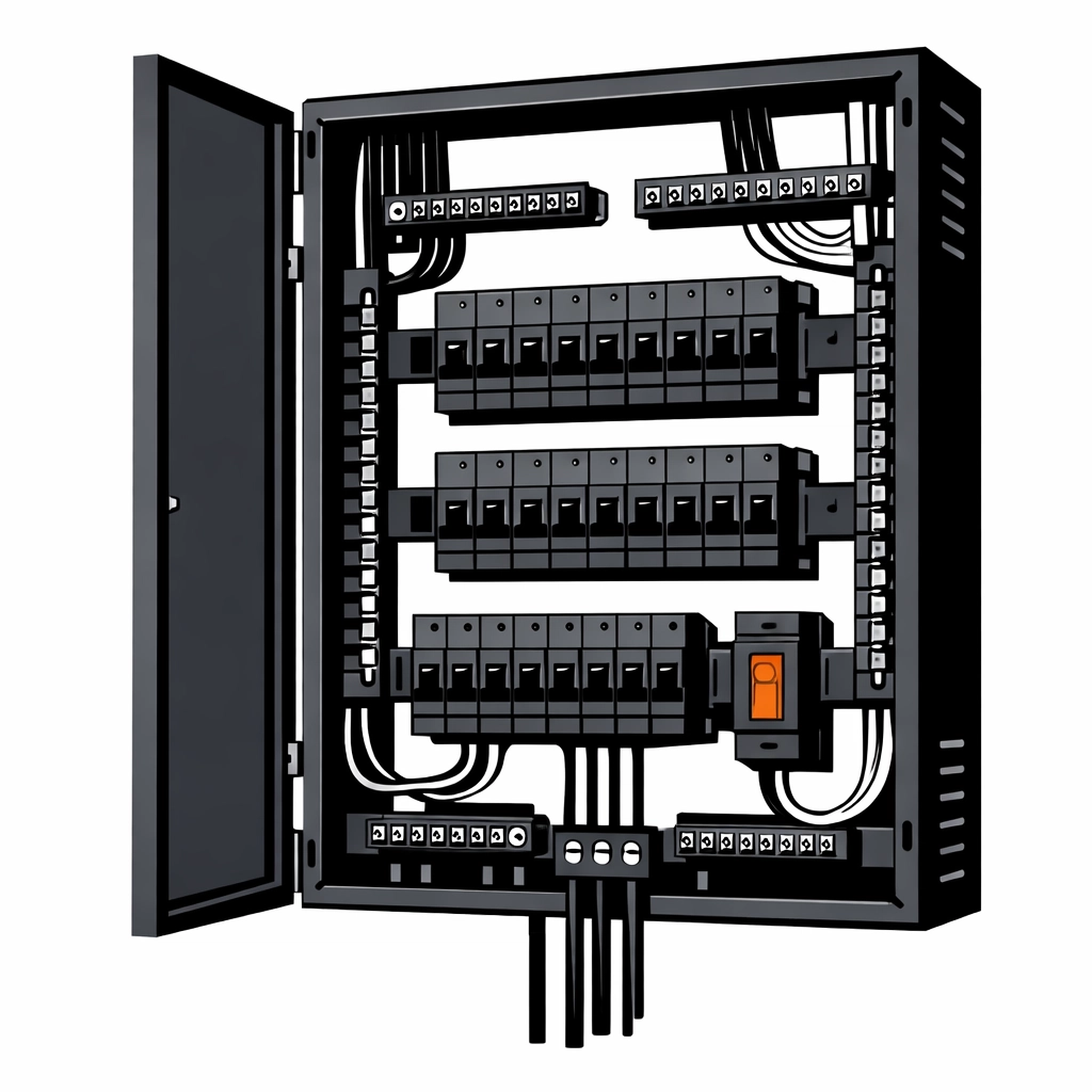 Geöffneter Elektro-Verteilerkasten mit Leitungsschutzschaltern für Wärmepumpen-Installation