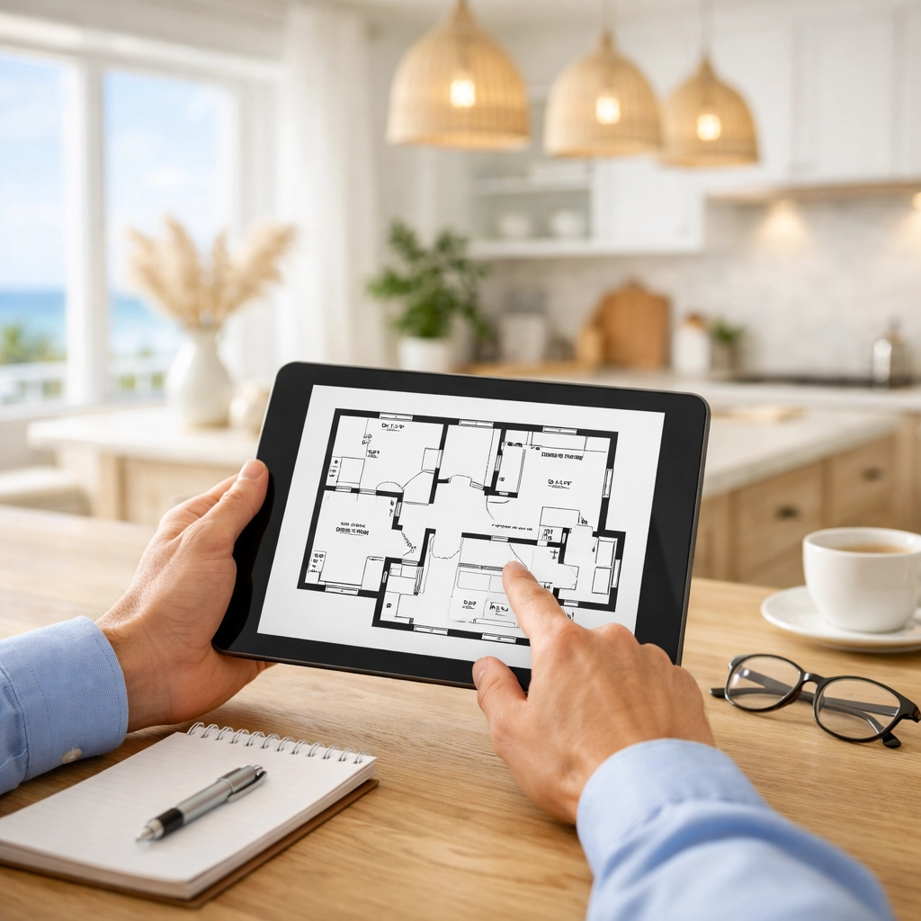 A professional electrician planning home wiring on a tablet in a coastal kitchen.