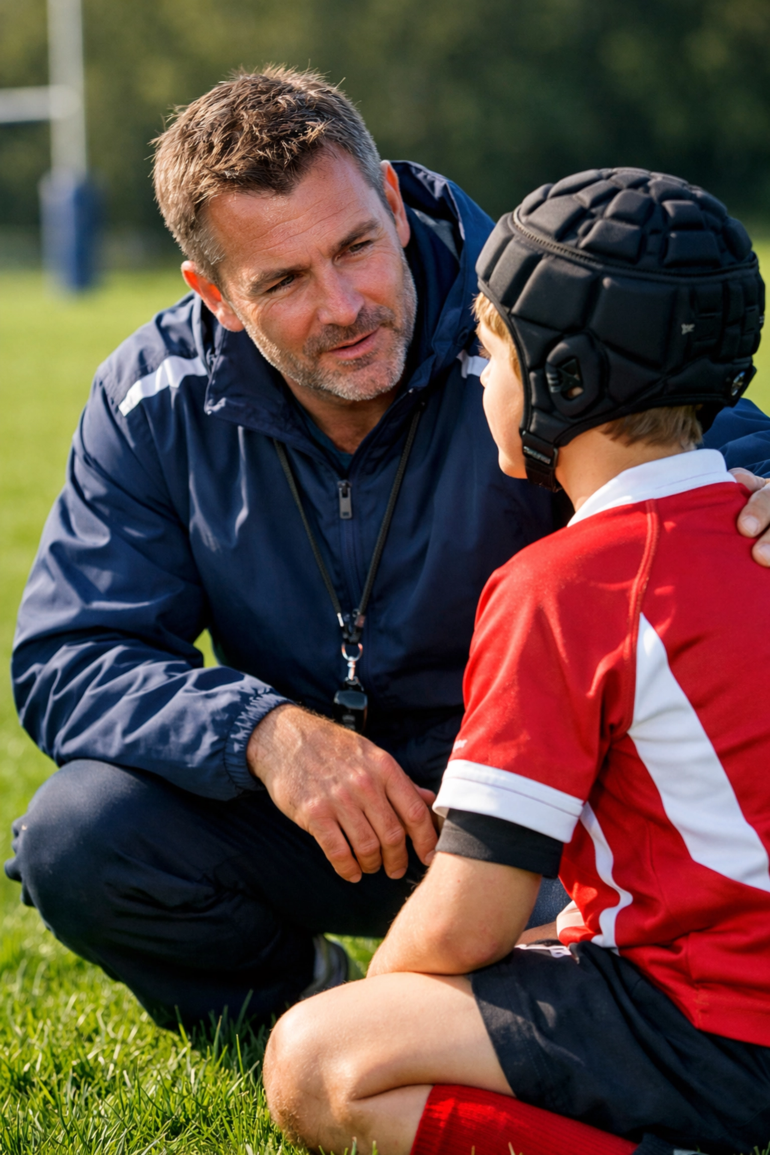 Professional rugby coach mentoring a young player on a green pitch, focusing on safety and trust.