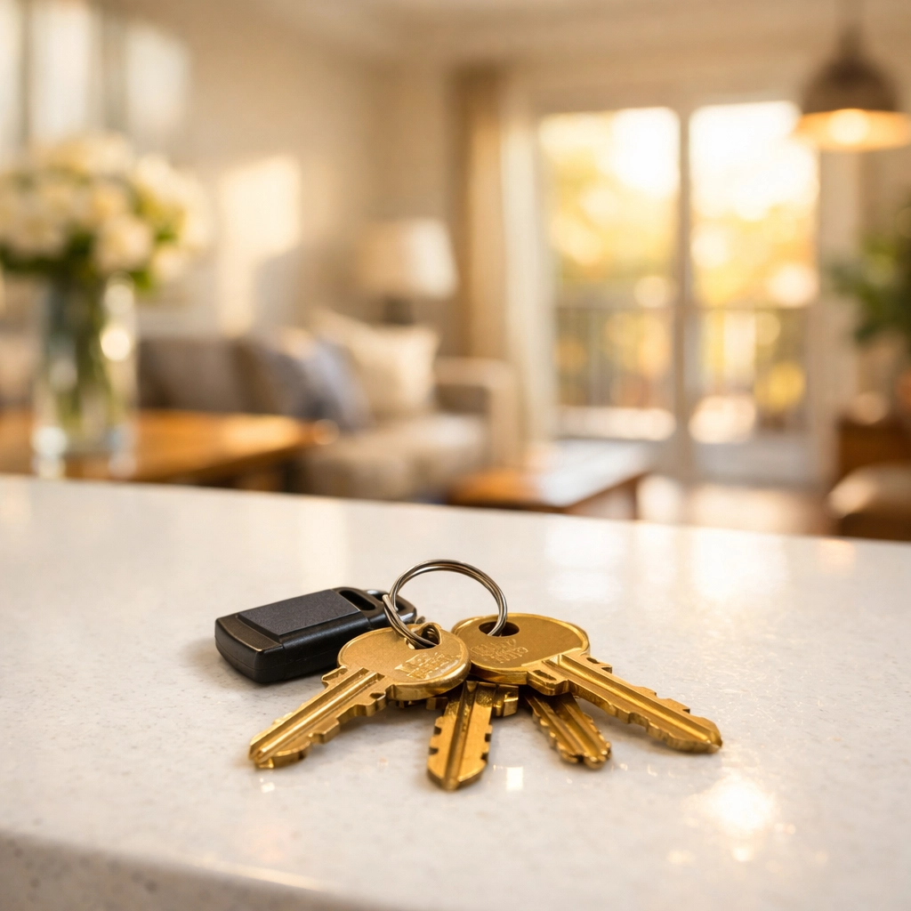 Brass keys on a clean kitchen island signifying a successful Midwest property turnover and move-in.