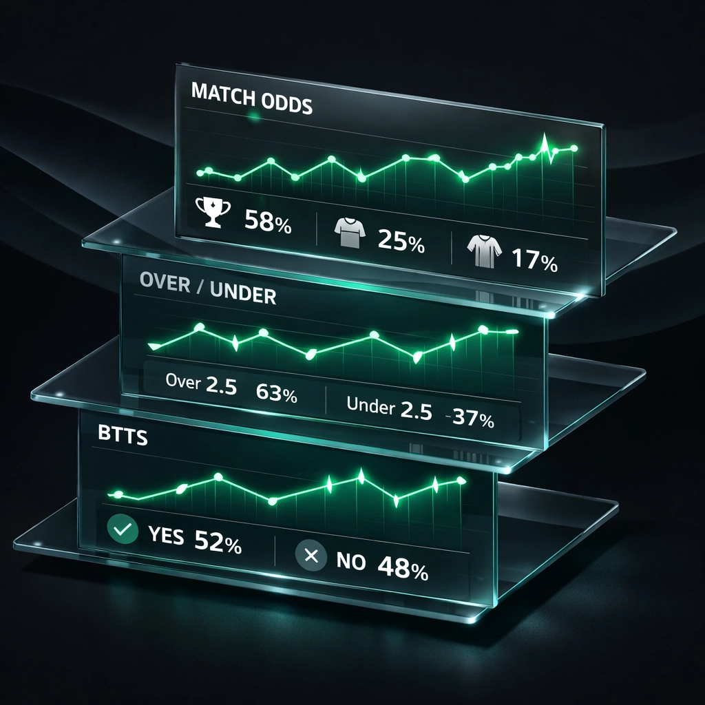 Analytical dashboard showing live betting market trends for Match Odds and Over/Under goals.