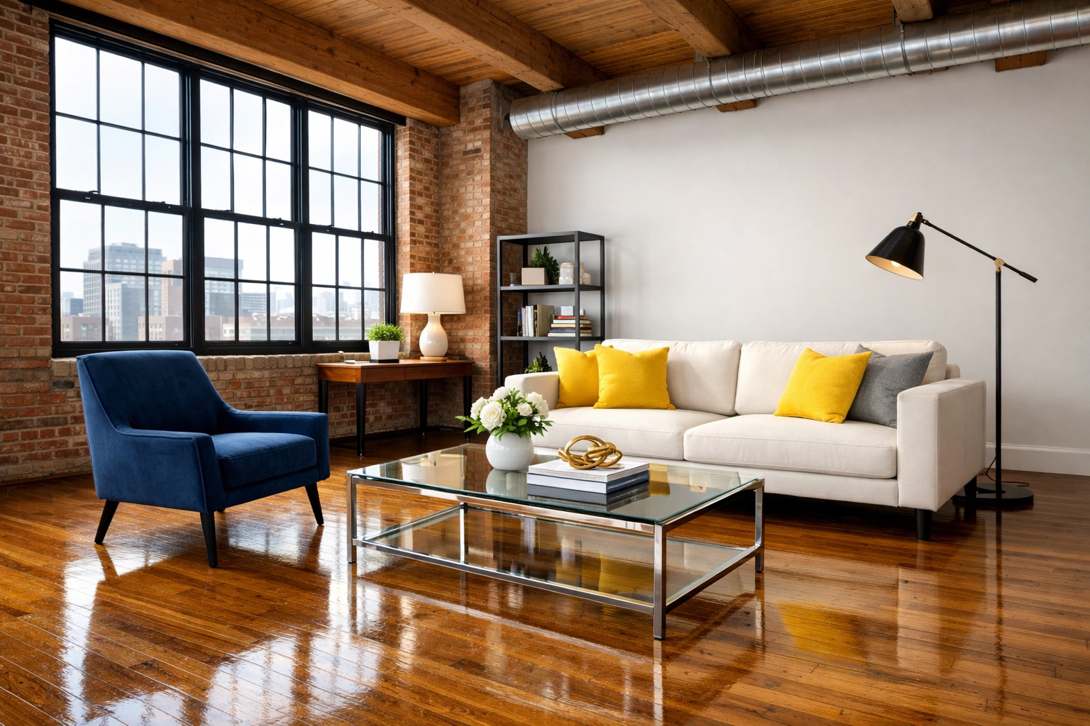 A modern Worcester loft living room with polished floors maintained by a professional maid service Worcester.