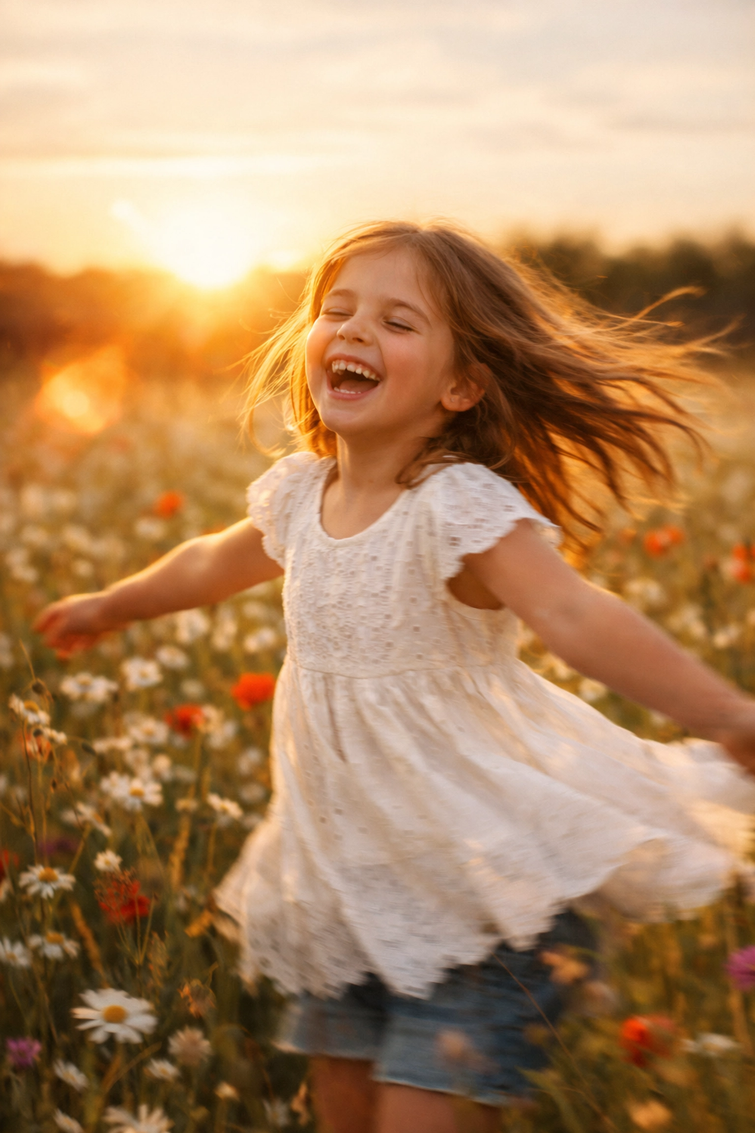 Emotional candid photo of a girl in a flower field, prioritizing storytelling over manual mode perfection.