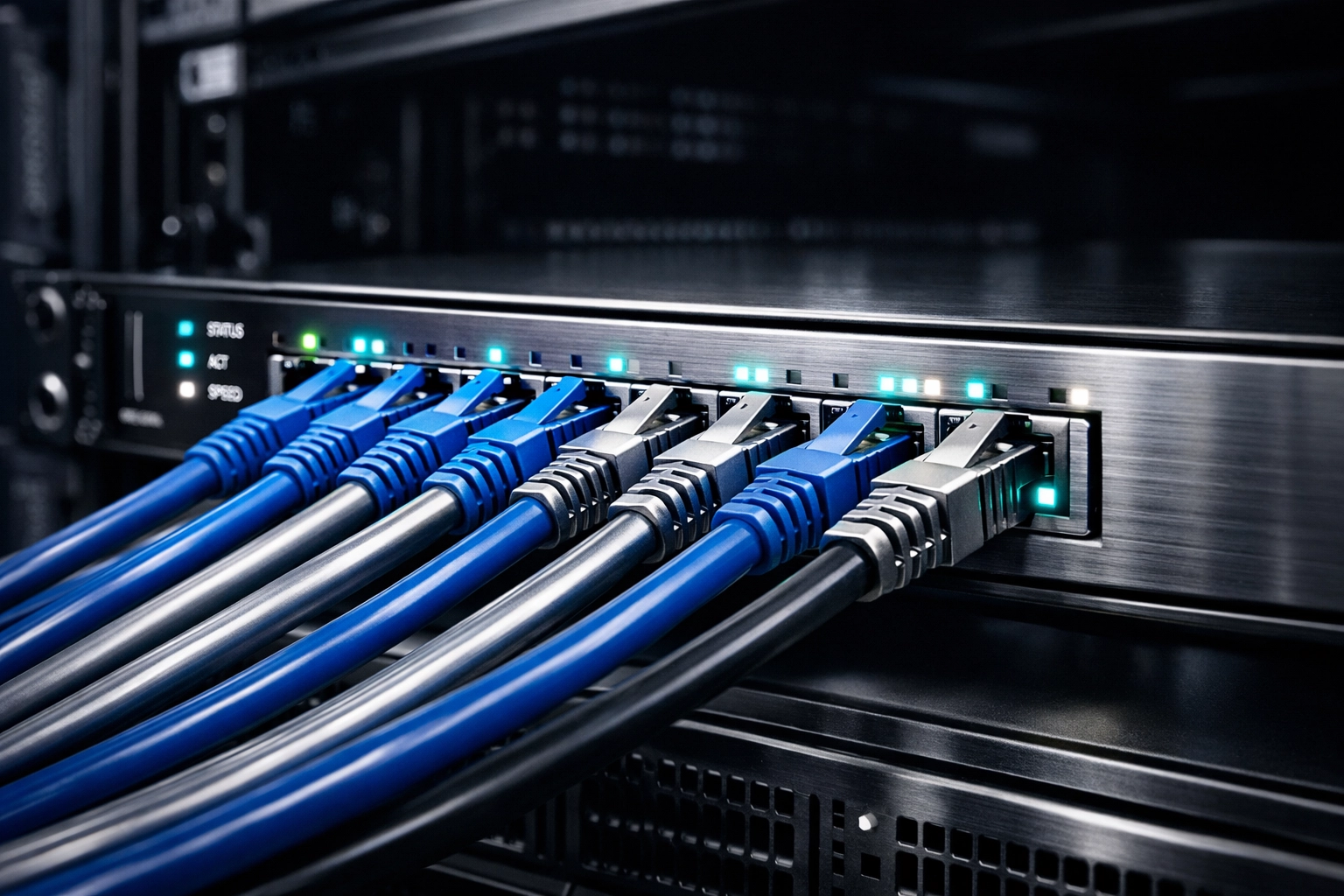 Close-up of a church network switch with CAT6 cables, powering a scalable AV-over-IP system.