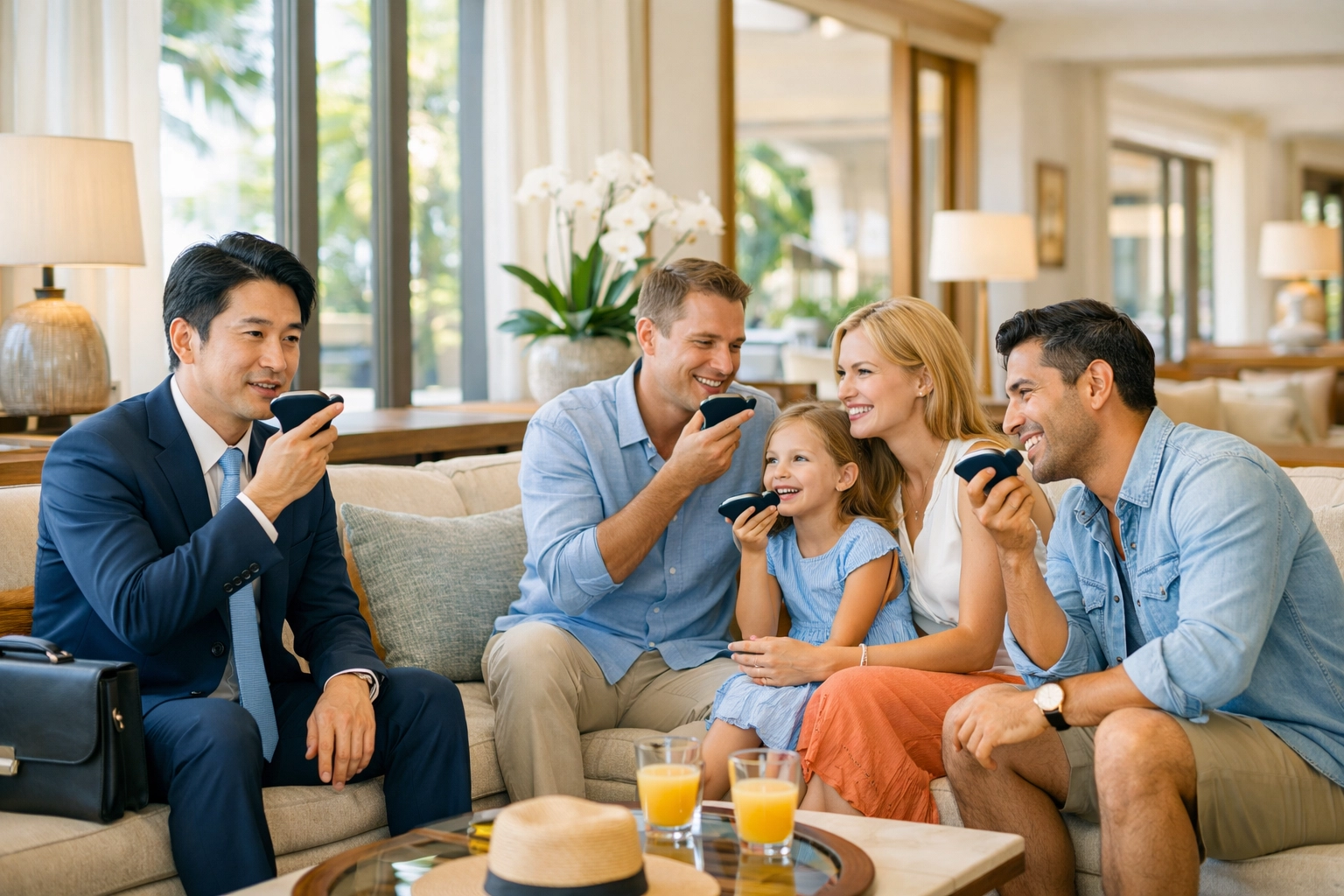 International hotel guests using voice AI devices in modern resort lobby