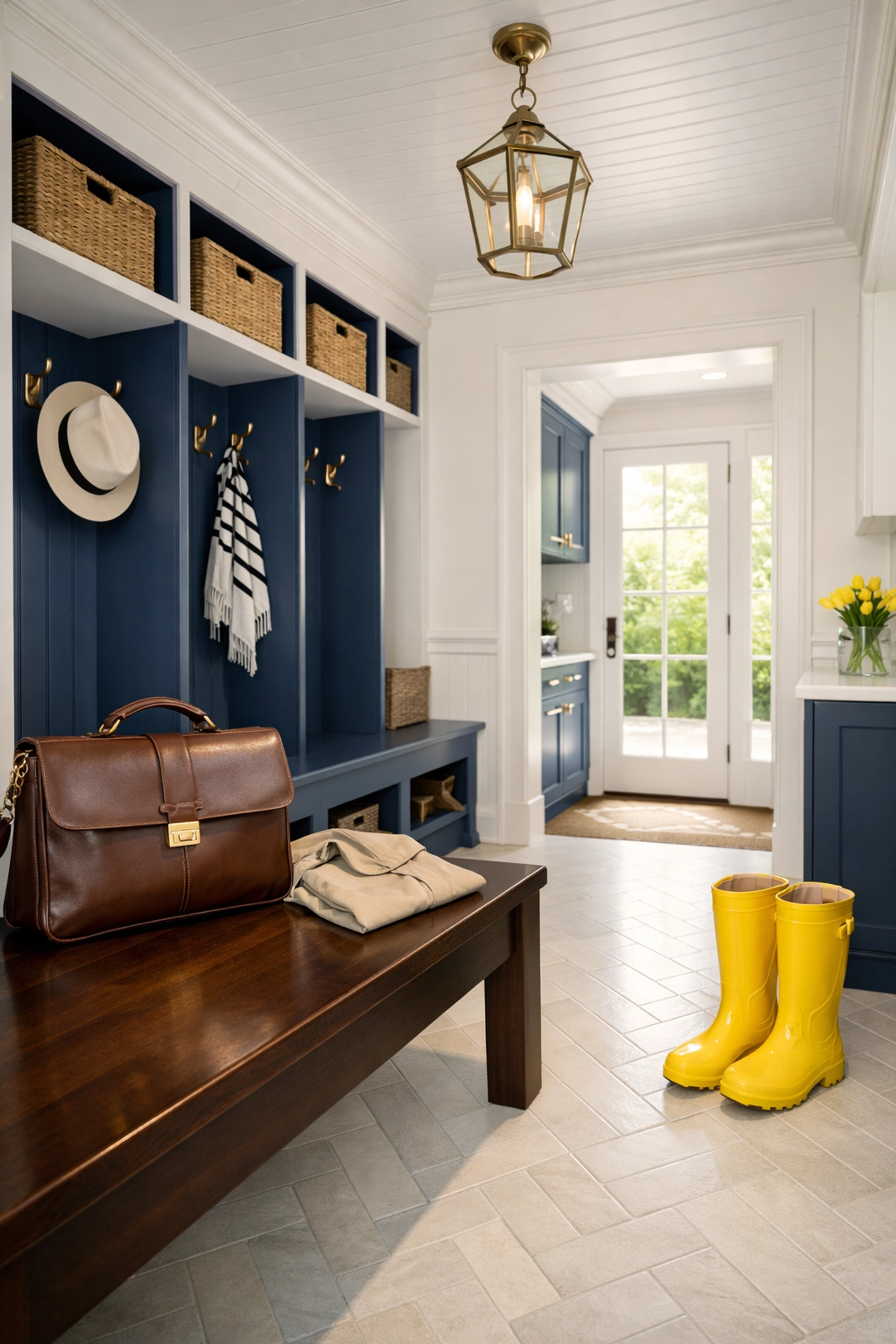 Clean Groton mudroom with commuter bags and yellow boots, showing the benefits of house cleaning services.