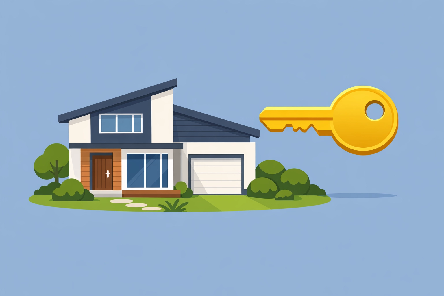 Casa moderna con una llave dorada simbolizando el crédito para comprar casa propia.