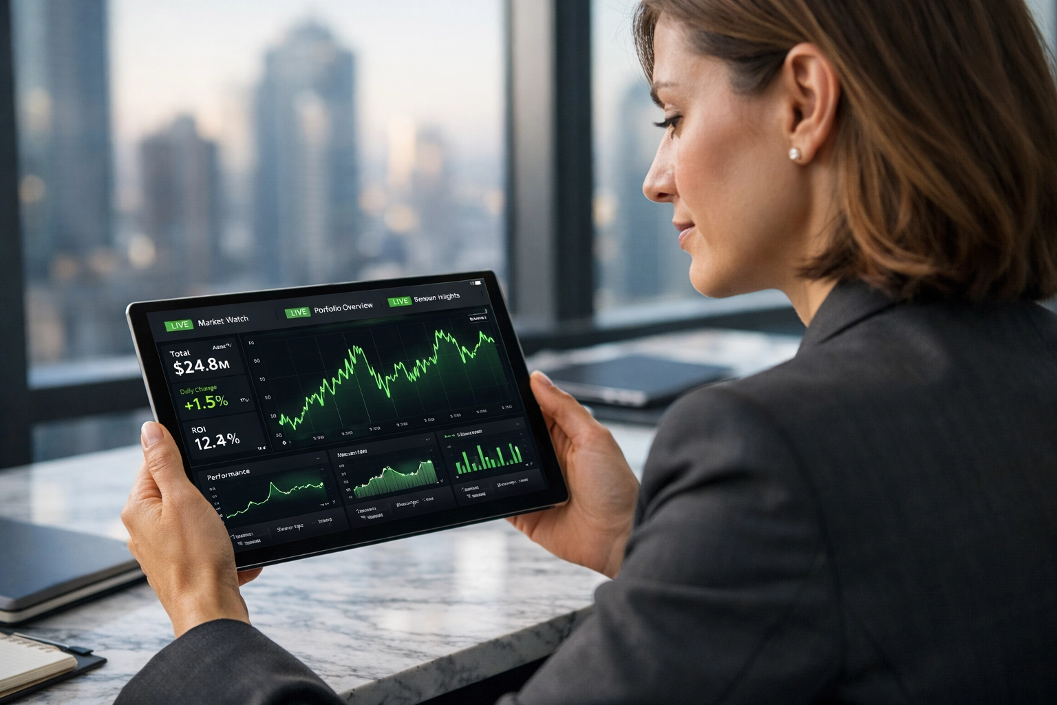 CFO reviewing real-time financial dashboard on a tablet for faster strategic decision-making.