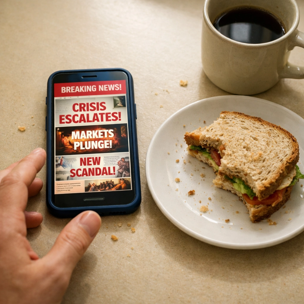 Person reaching for phone displaying news headlines during lunch break next to half-eaten sandwich