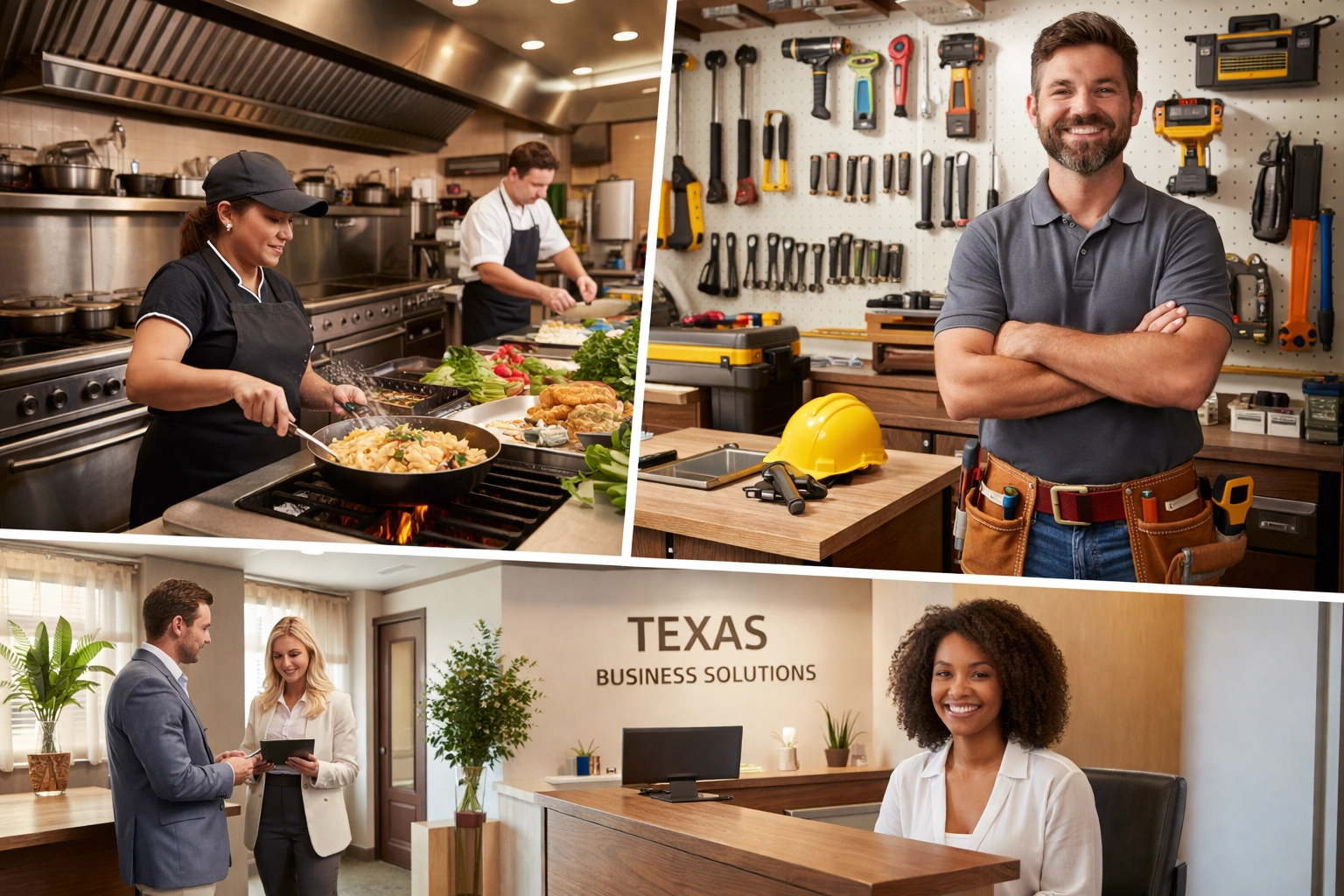 Collage of Texas restaurant, contractor tools, and office depicting diverse business types eligible for BOP