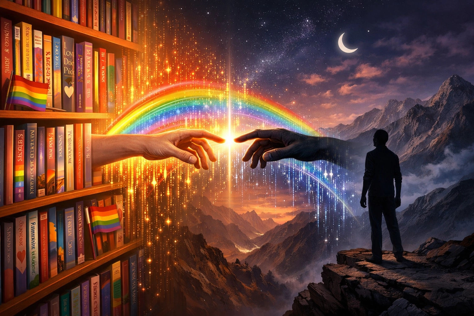 A digital rainbow bridge linking LGBTQ+ fiction and MM romance books to queer individuals in remote regions.