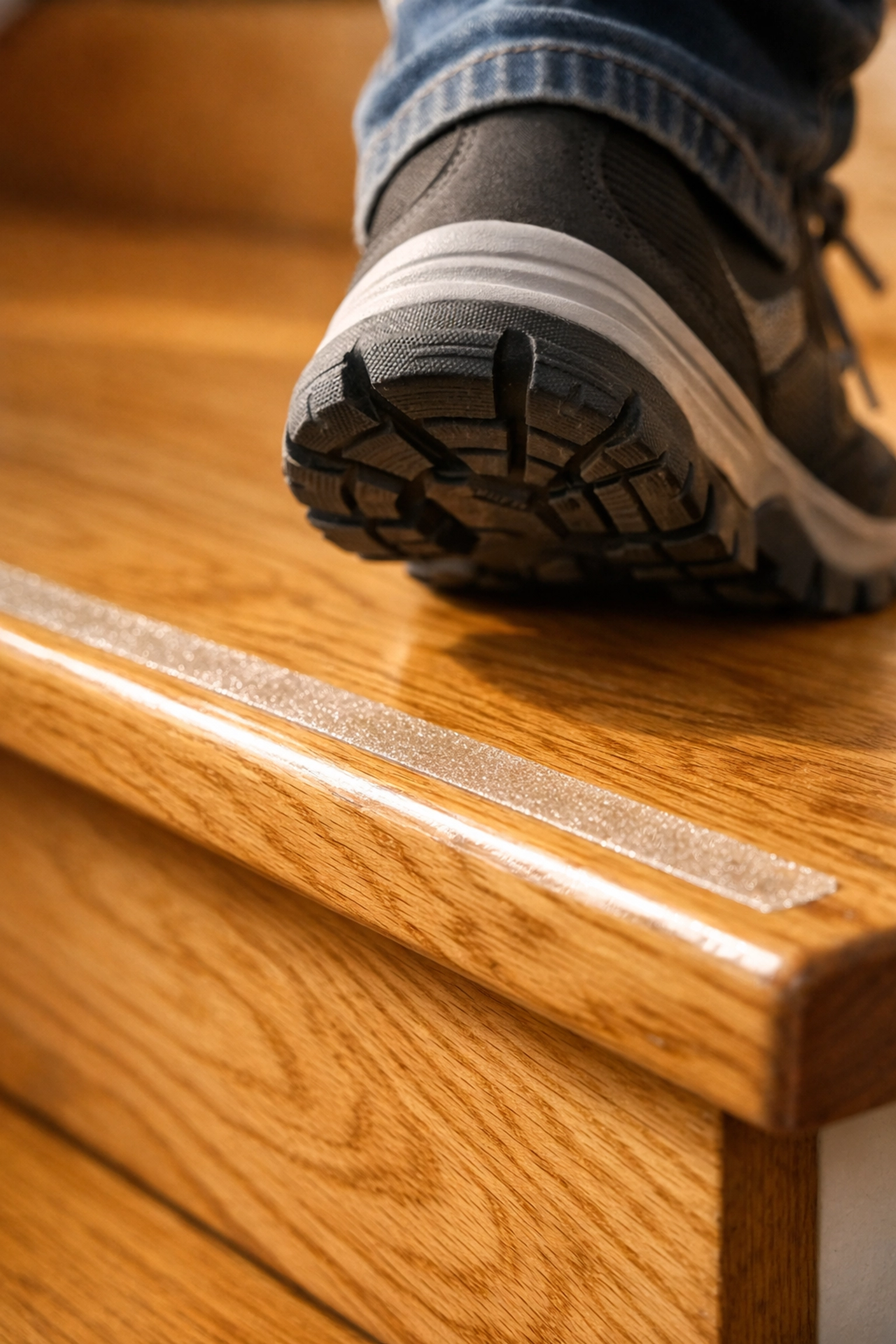 Close-up of a sneaker on a wooden stair tread with a clear anti-slip safety strip for fall prevention traction.